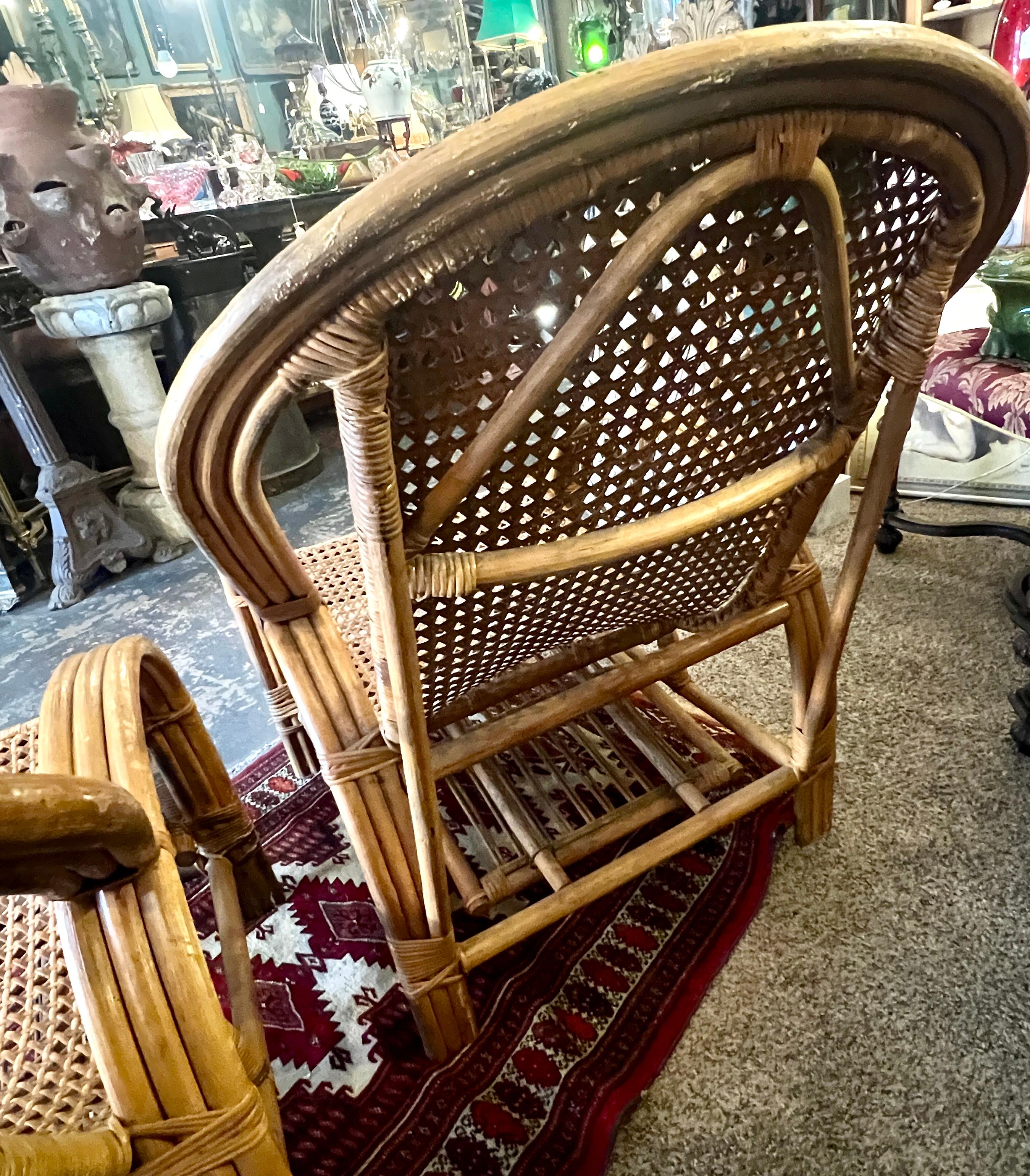 Pair of Rattan Bamboo Lounge Chairs with Pull Out Ottoman From Chair To Chaise 2