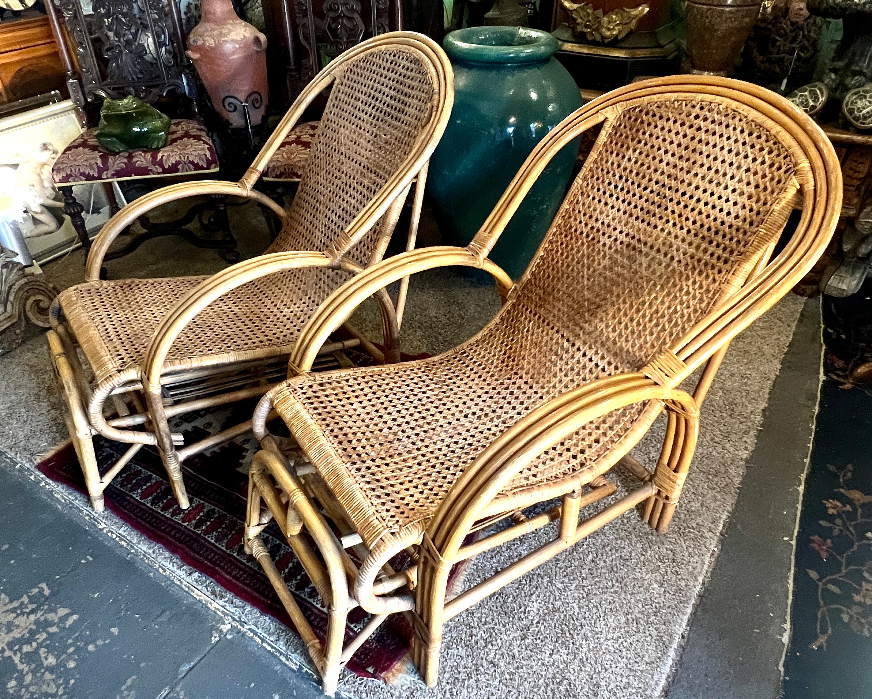 Pair of Rattan Bamboo Lounge Chairs with Pull Out Ottoman From Chair To Chaise 3