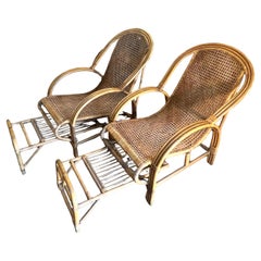 Pair of Rattan Bamboo Lounge Chairs with Pull Out Ottoman From Chair To Chaise