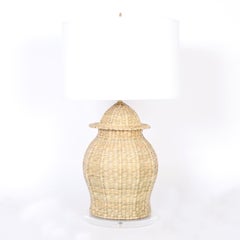 Pair of Wicker or Reed Ginger Jar Form Table Lamps