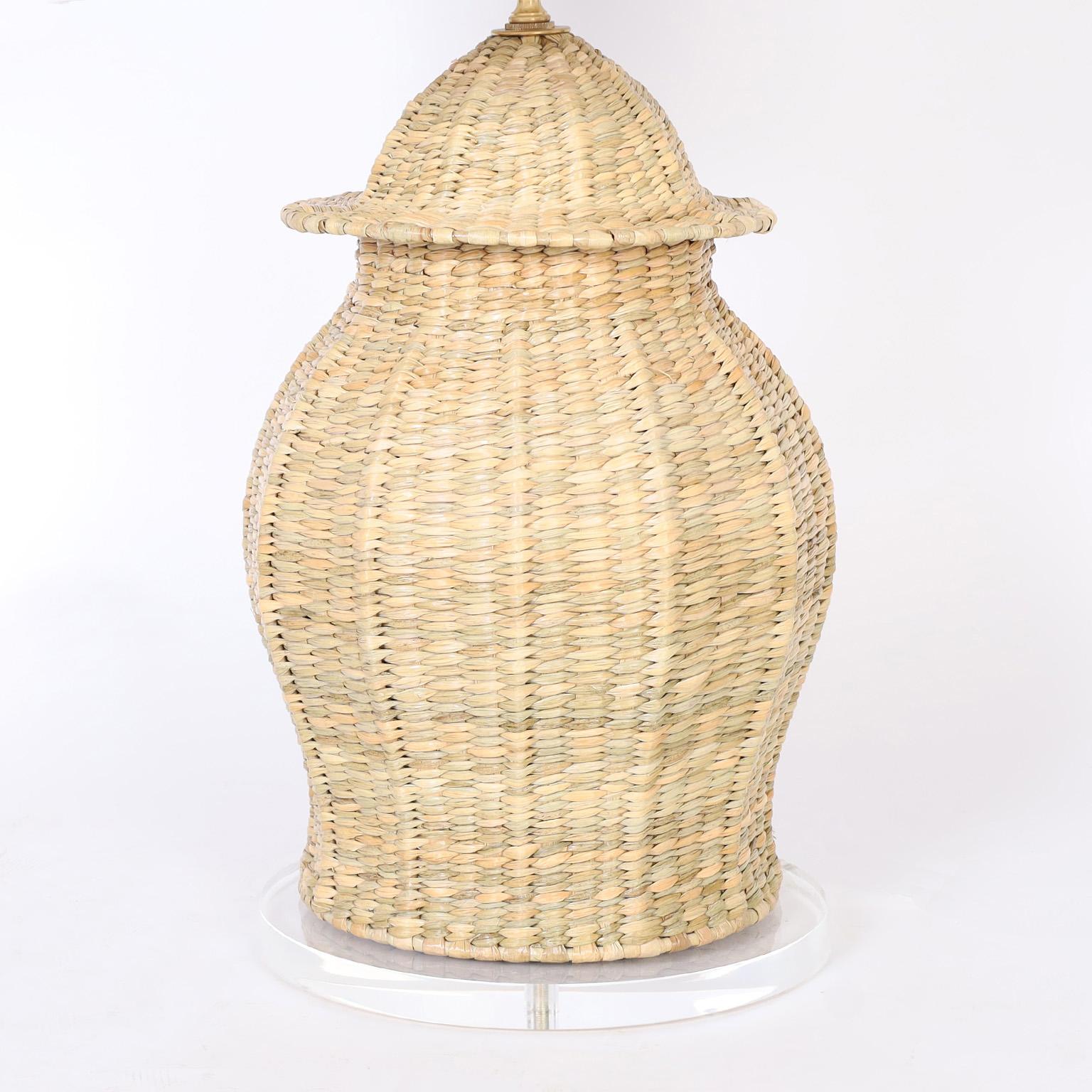 British Colonial Pair of Wicker or Reed Ginger Jar Form Table Lamps