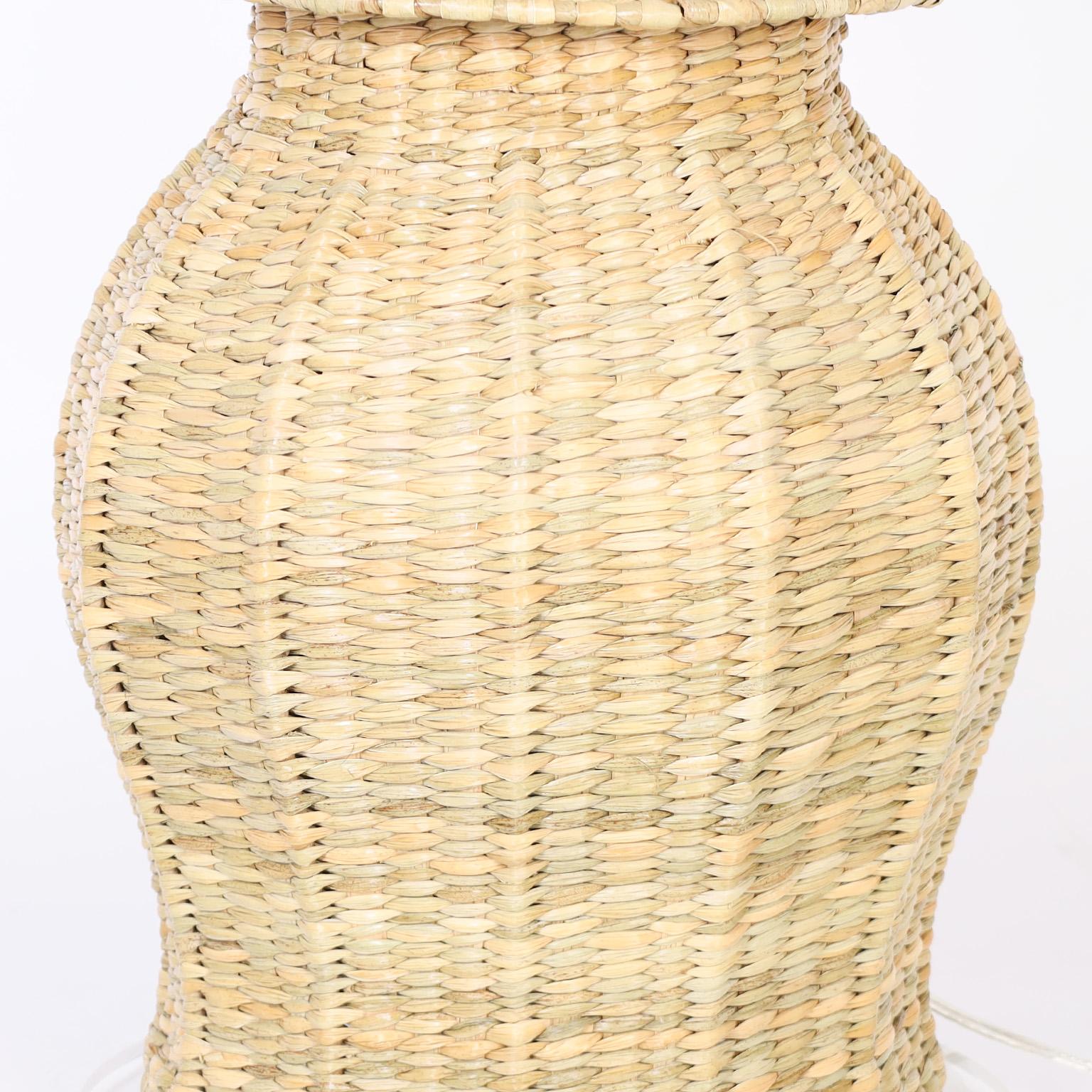 Hand-Woven Pair of Wicker or Reed Ginger Jar Form Table Lamps