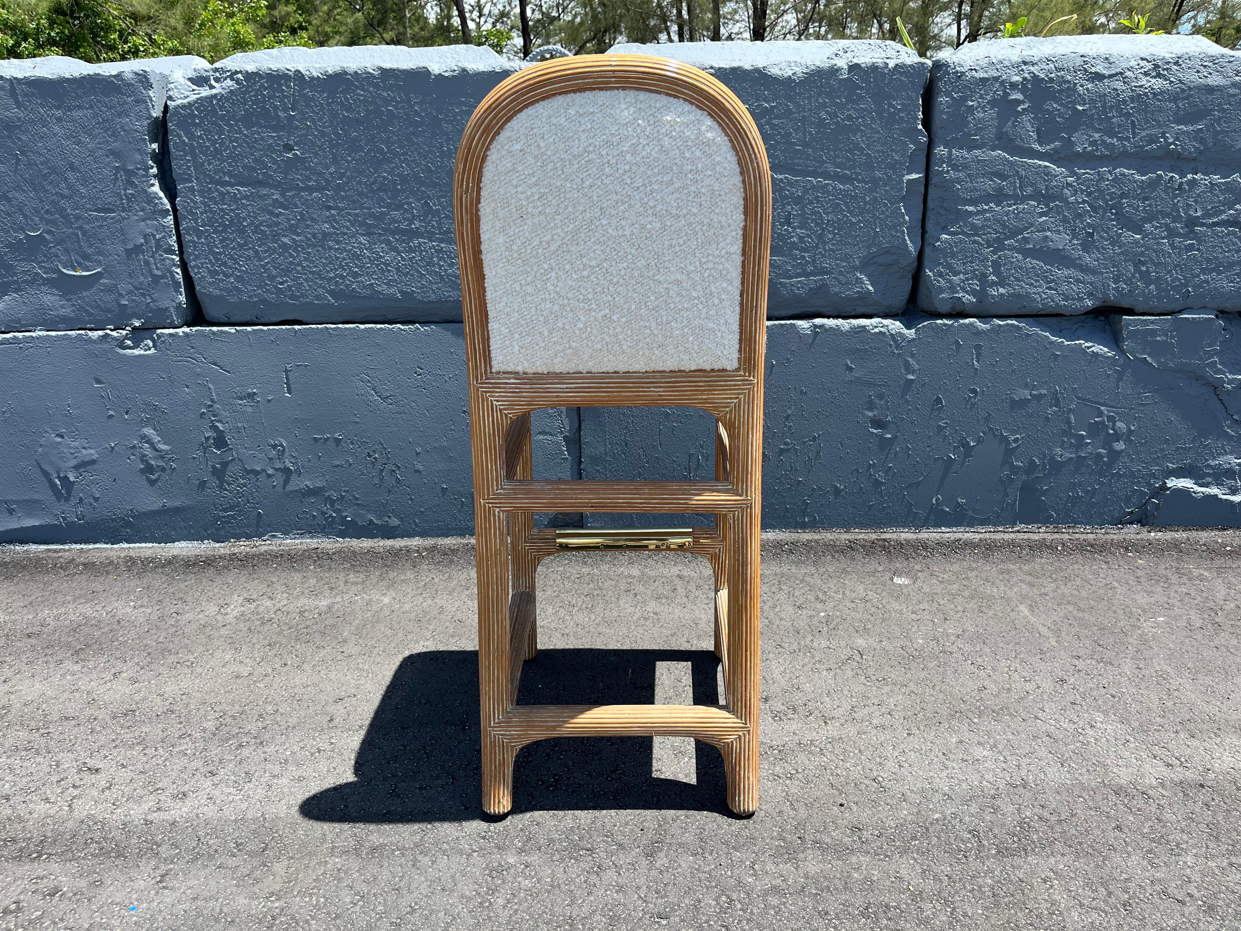 Pair of Wicker Pencil Reed Brass Upholstered Bar Stools after Gabriella Crespi For Sale 5