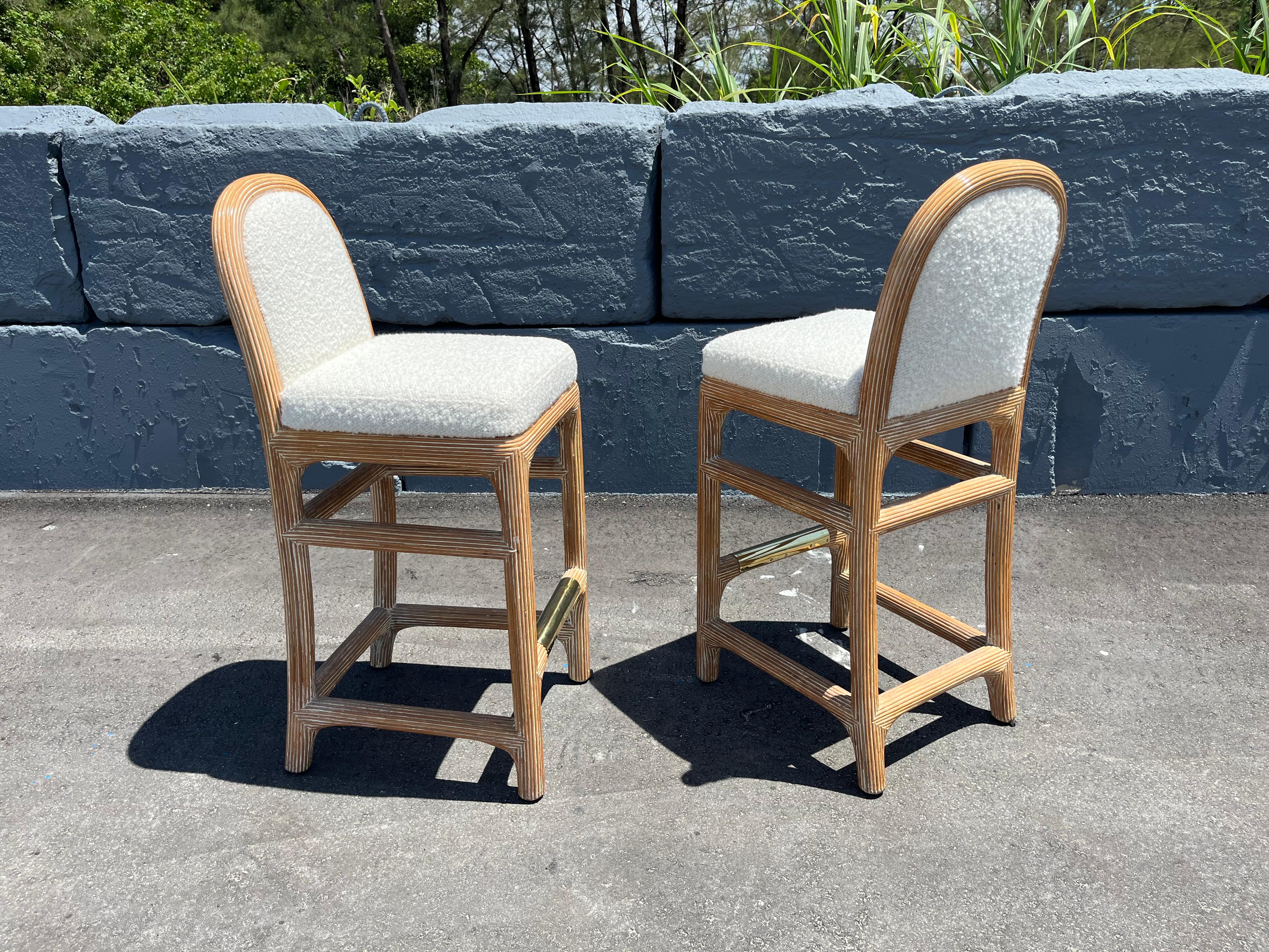 Pair of Wicker Pencil Reed Brass Upholstered Bar Stools after Gabriella Crespi For Sale 7