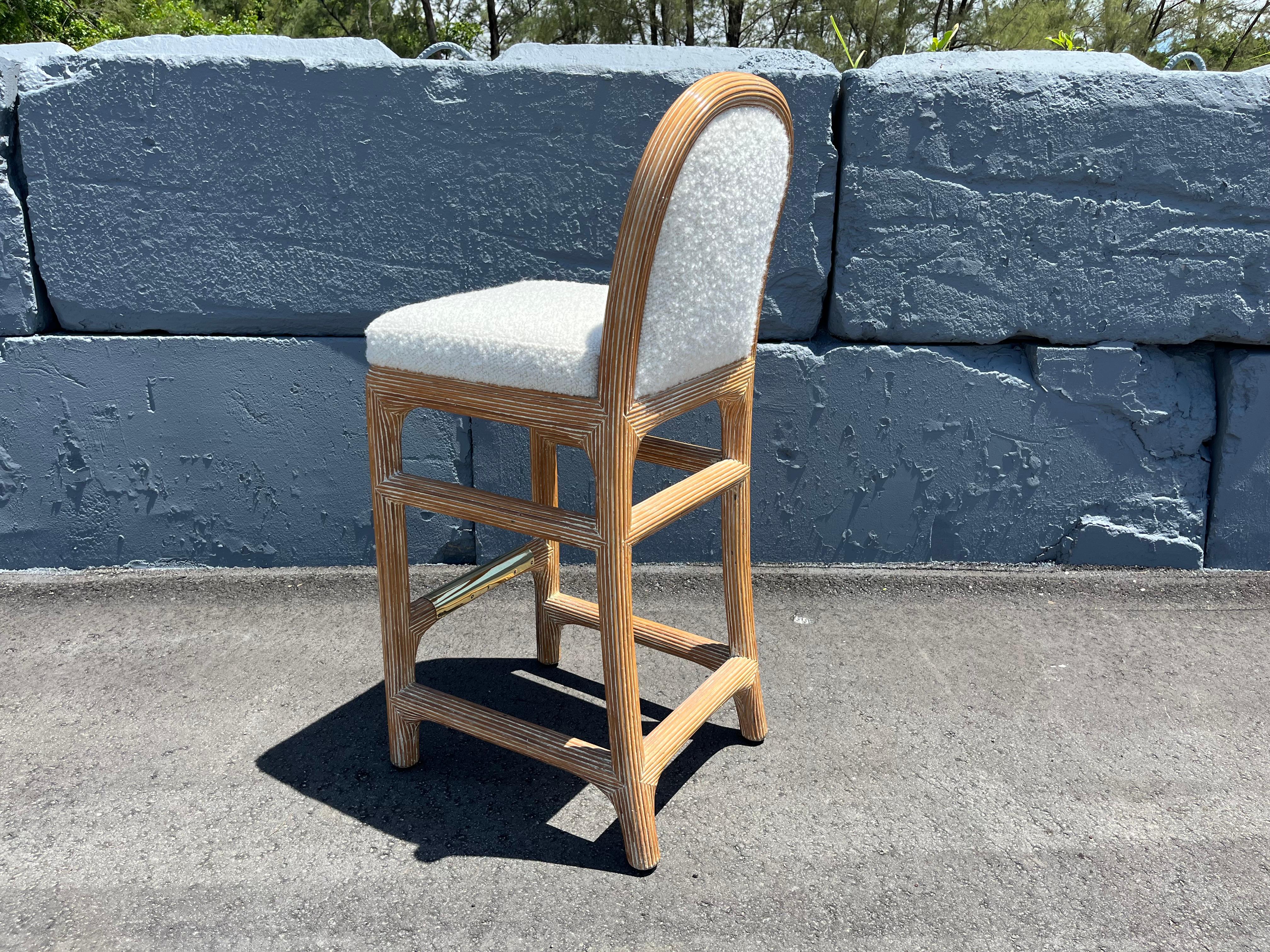 Pair of Wicker Pencil Reed Brass Upholstered Bar Stools after Gabriella Crespi For Sale 8