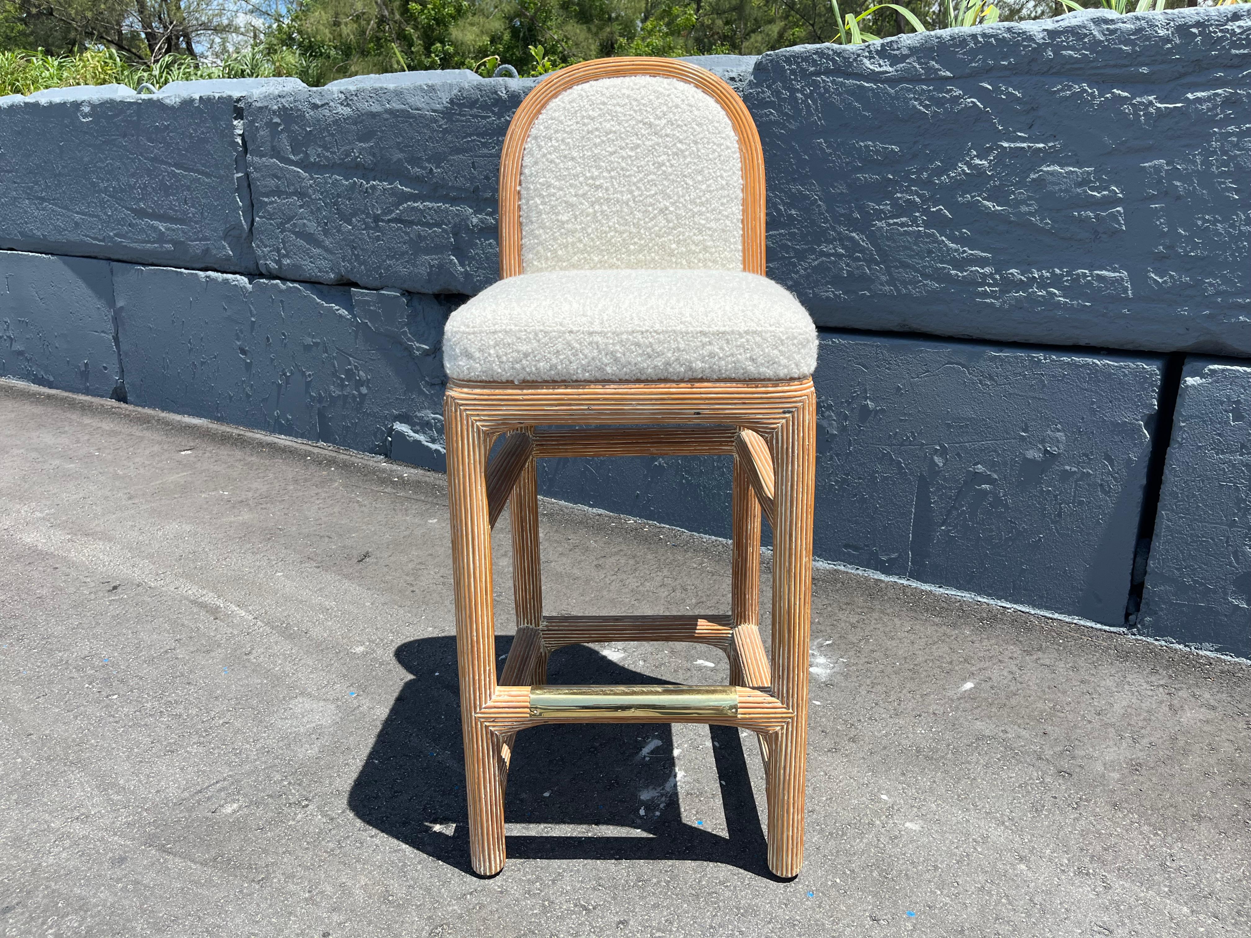 Pair of Wicker Pencil Reed Brass Upholstered Bar Stools after Gabriella Crespi For Sale 9