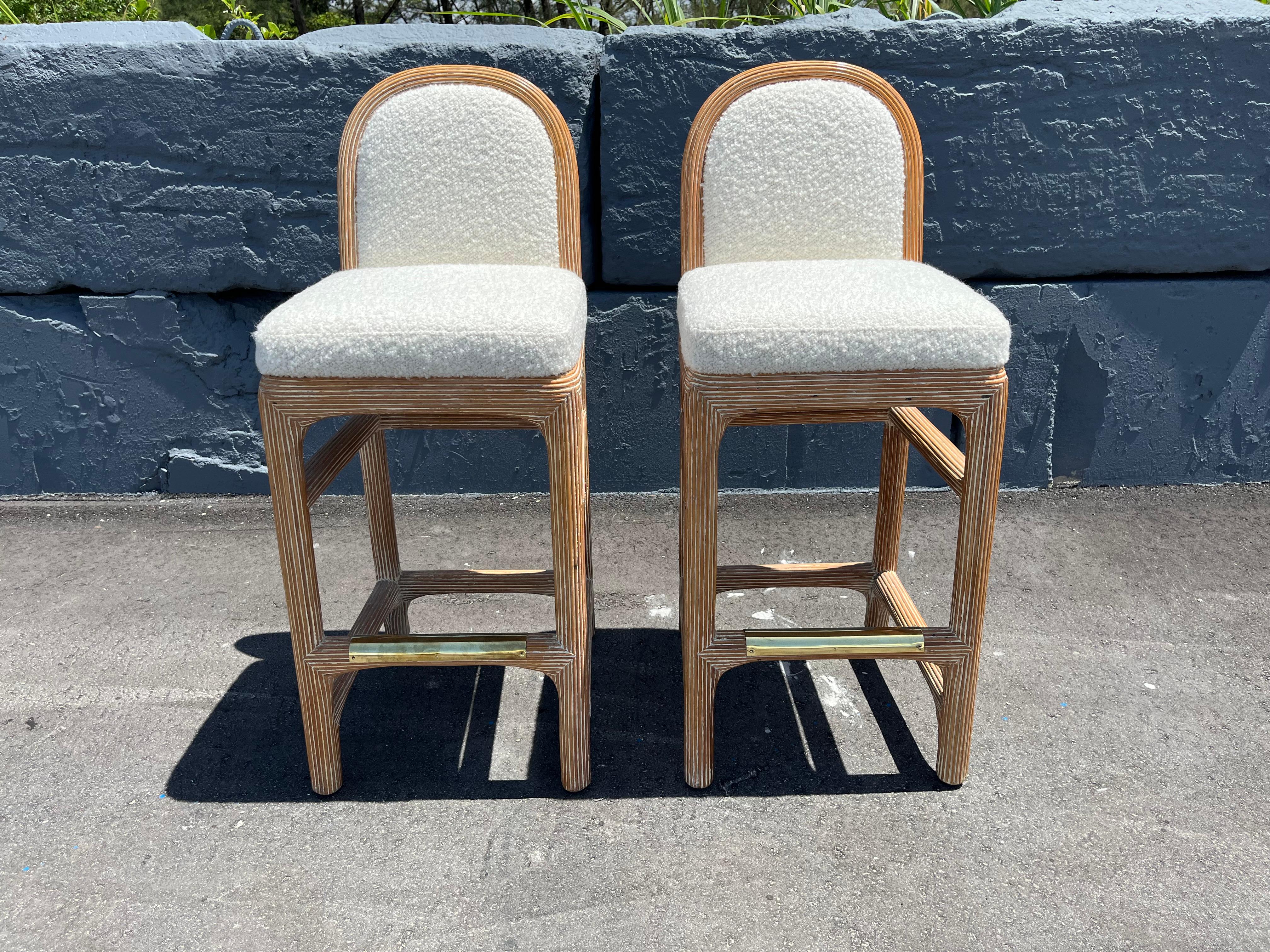 Pair of Wicker Pencil Reed Brass Upholstered Bar Stools after Gabriella Crespi For Sale 10