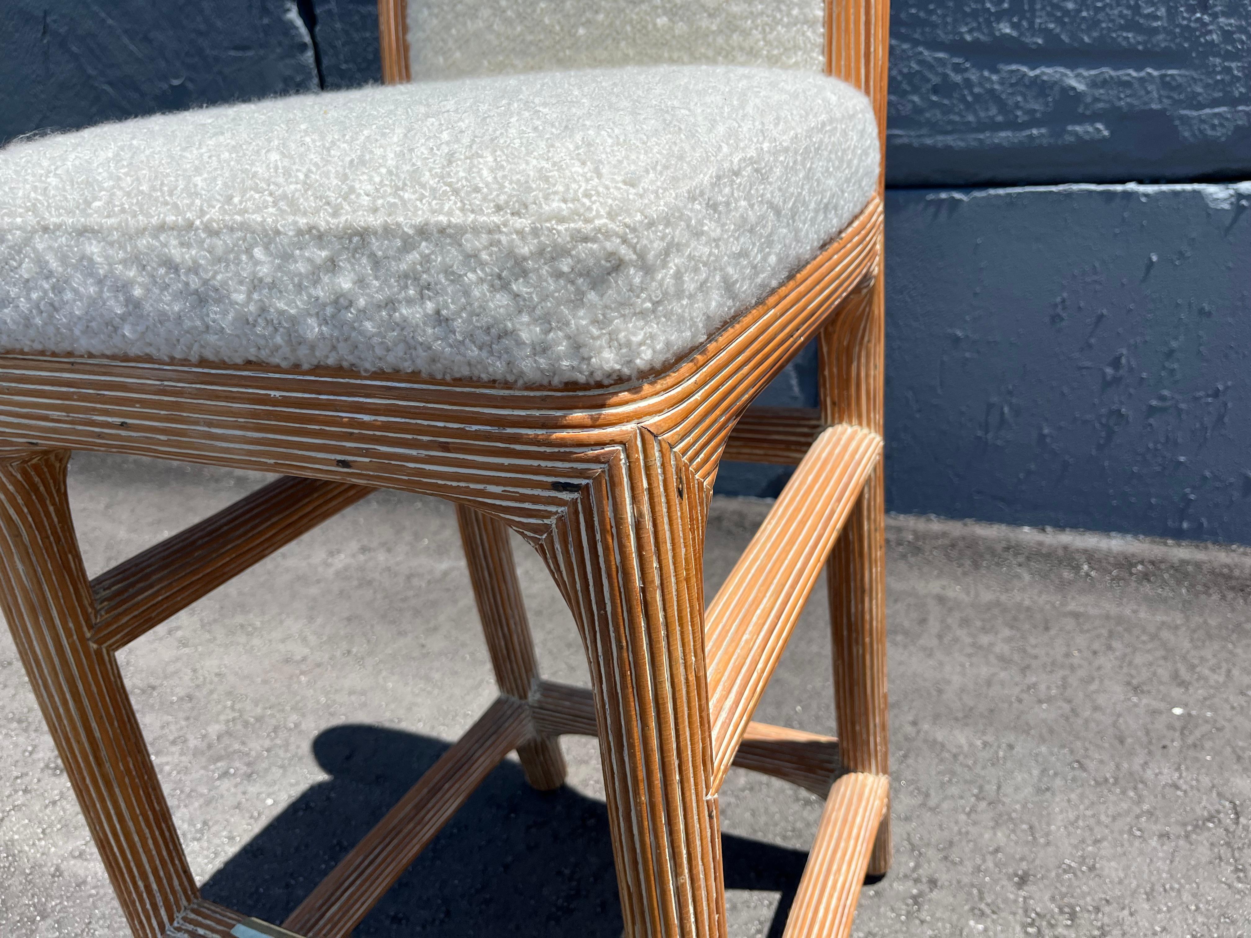 Pair of Wicker Pencil Reed Brass Upholstered Bar Stools after Gabriella Crespi For Sale 11