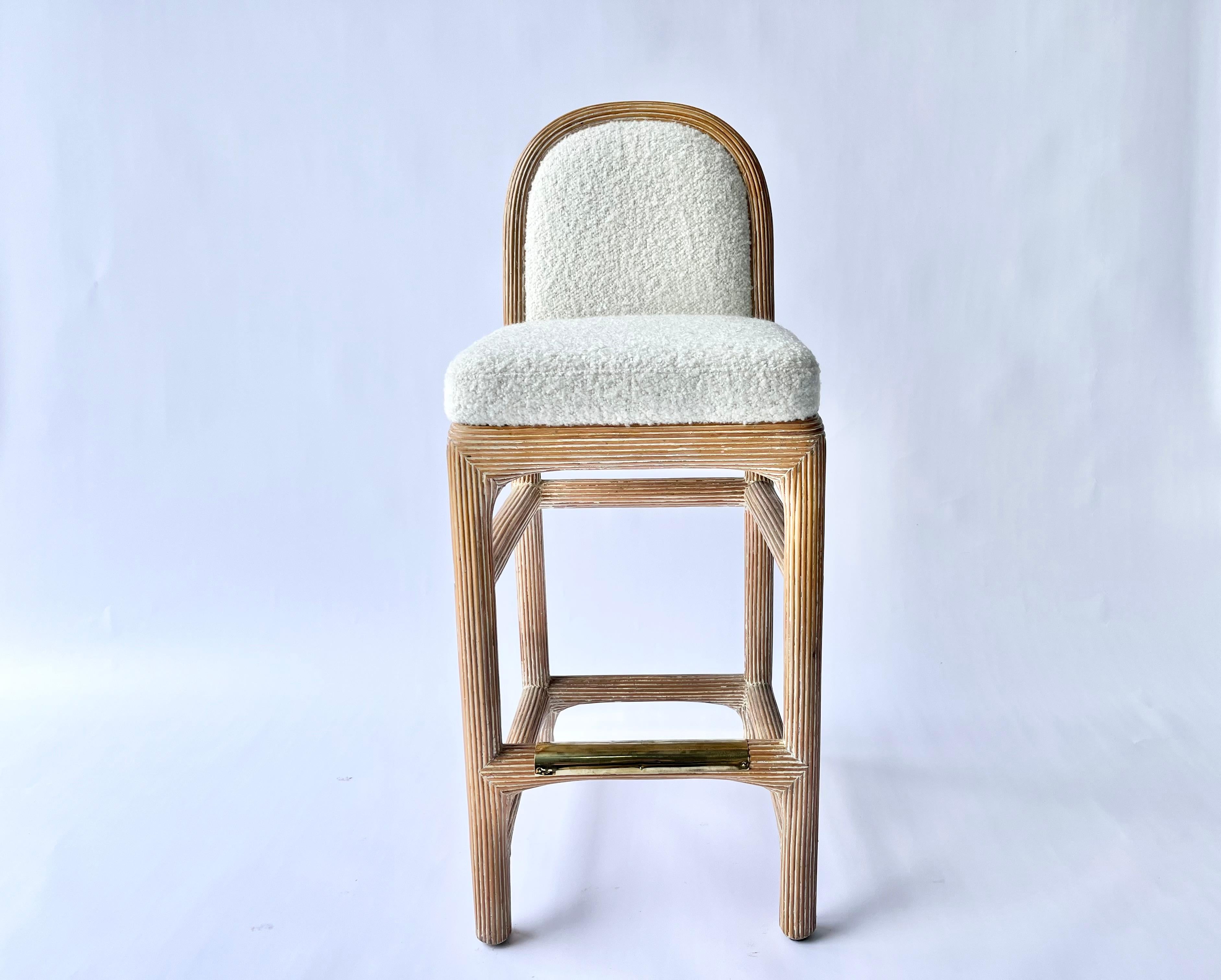 Mid-Century Modern Pair of Wicker Pencil Reed Brass Upholstered Bar Stools after Gabriella Crespi For Sale