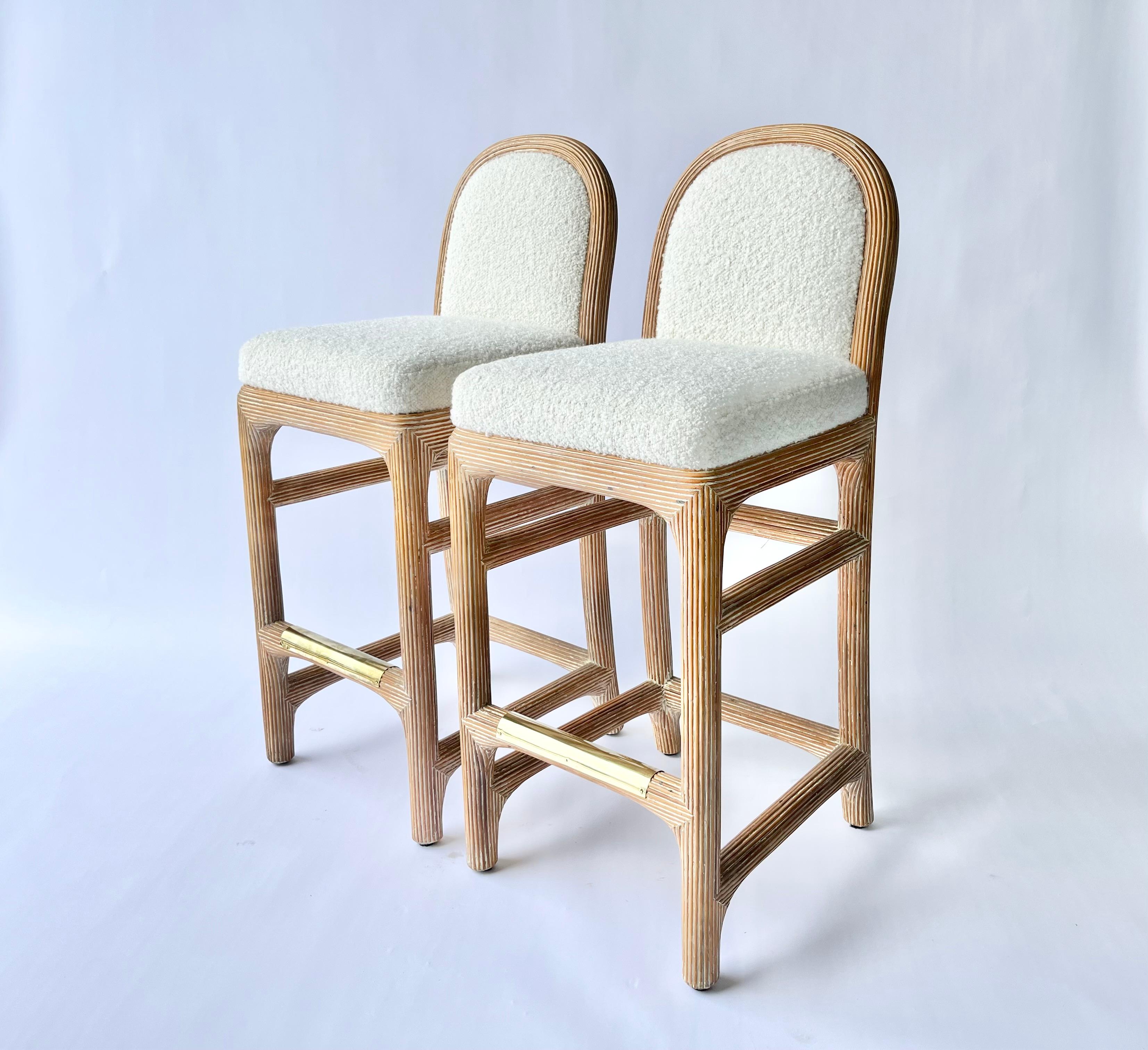 Italian Pair of Wicker Pencil Reed Brass Upholstered Bar Stools after Gabriella Crespi For Sale
