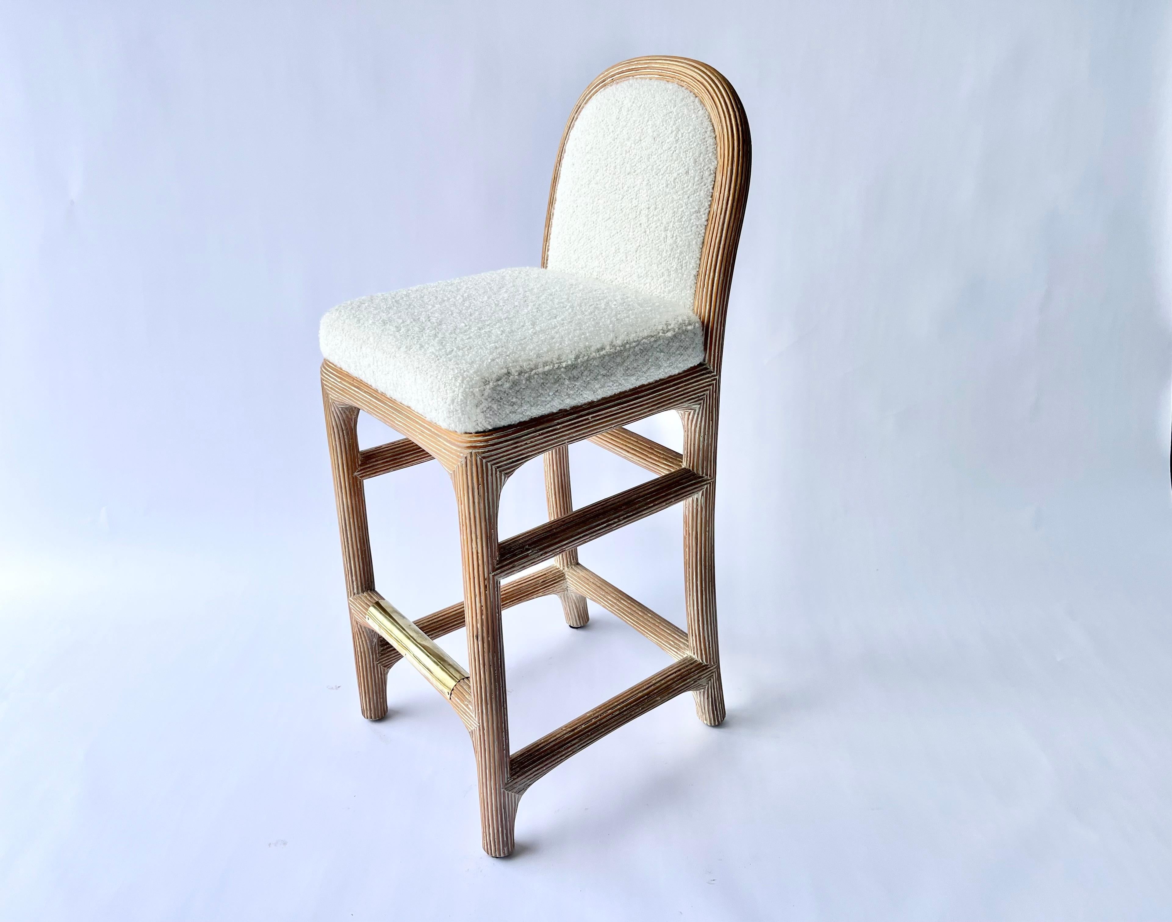 Pair of Wicker Pencil Reed Brass Upholstered Bar Stools after Gabriella Crespi In Good Condition For Sale In Miami, FL