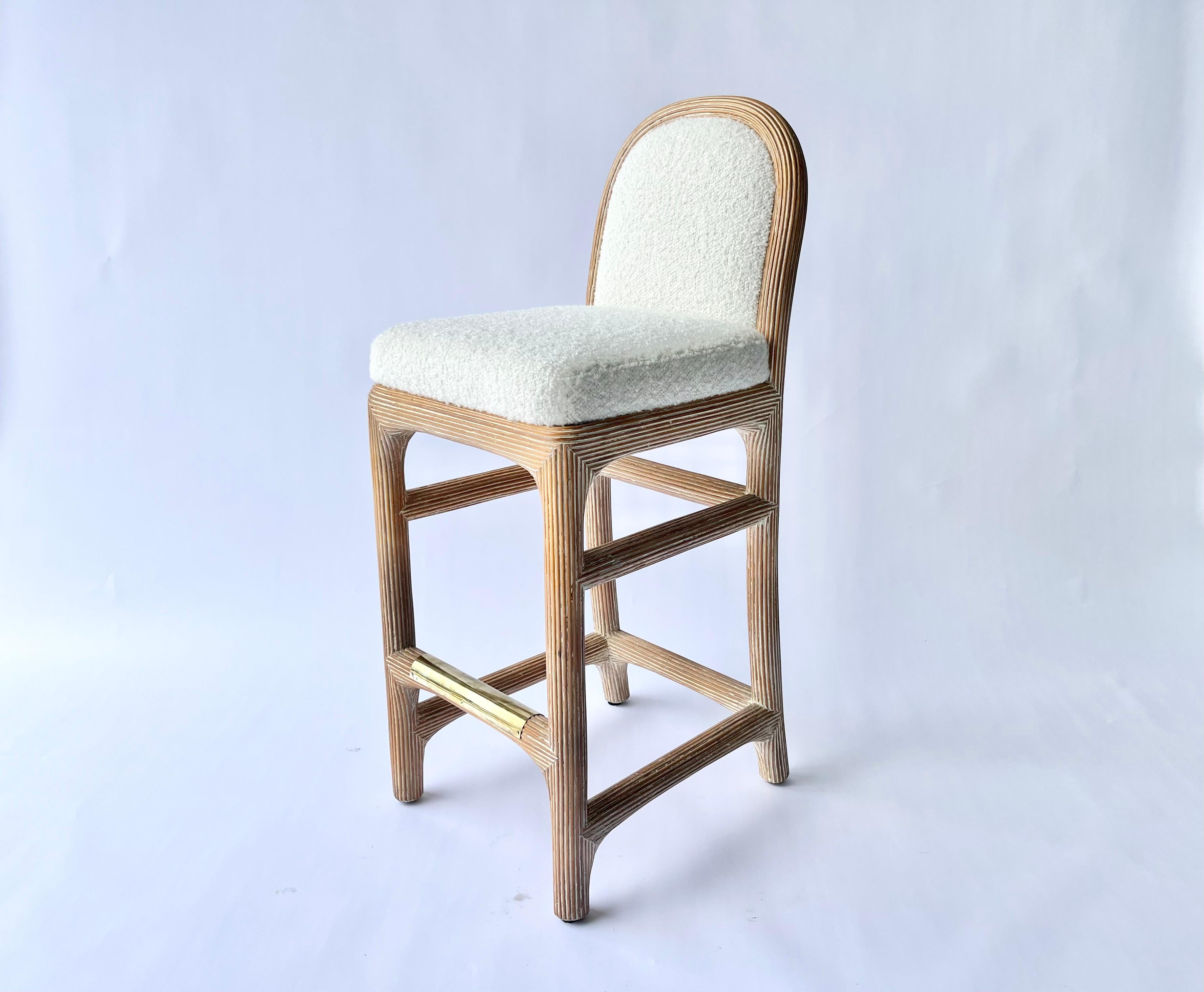 Late 20th Century Pair of Wicker Pencil Reed Brass Upholstered Bar Stools after Gabriella Crespi For Sale