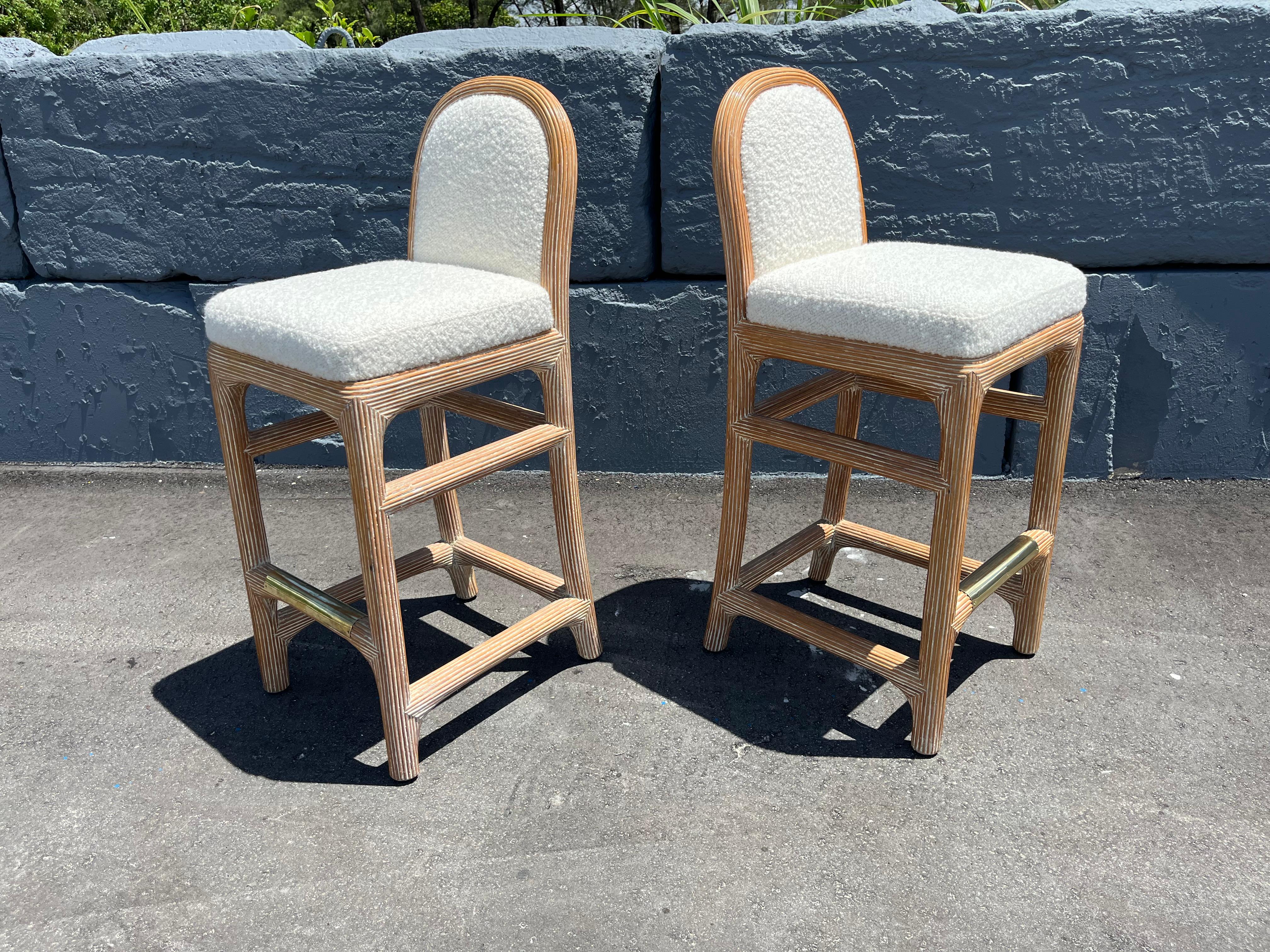 Fabric Pair of Wicker Pencil Reed Brass Upholstered Bar Stools after Gabriella Crespi For Sale
