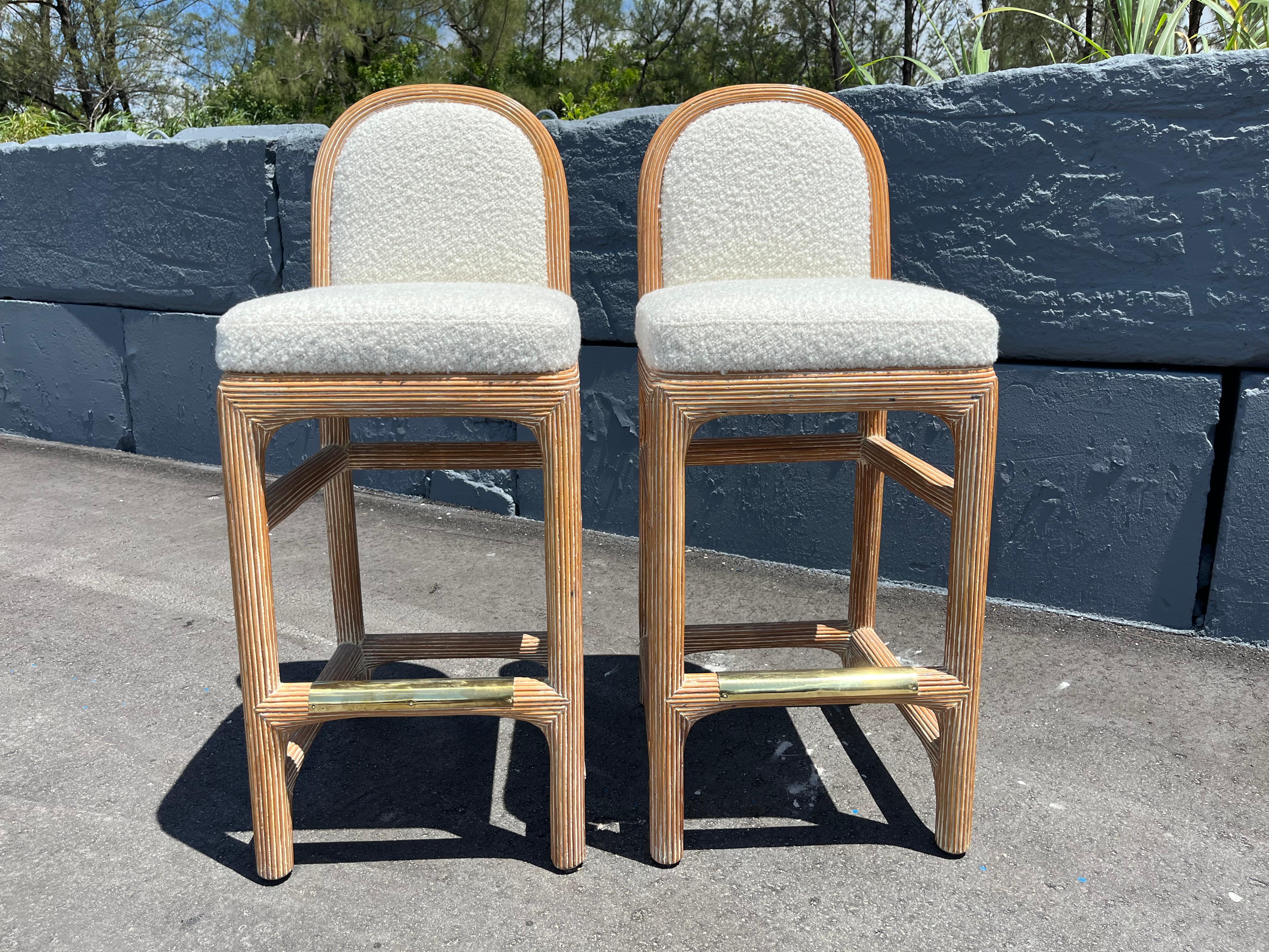 Pair of Wicker Pencil Reed Brass Upholstered Bar Stools after Gabriella Crespi For Sale 1