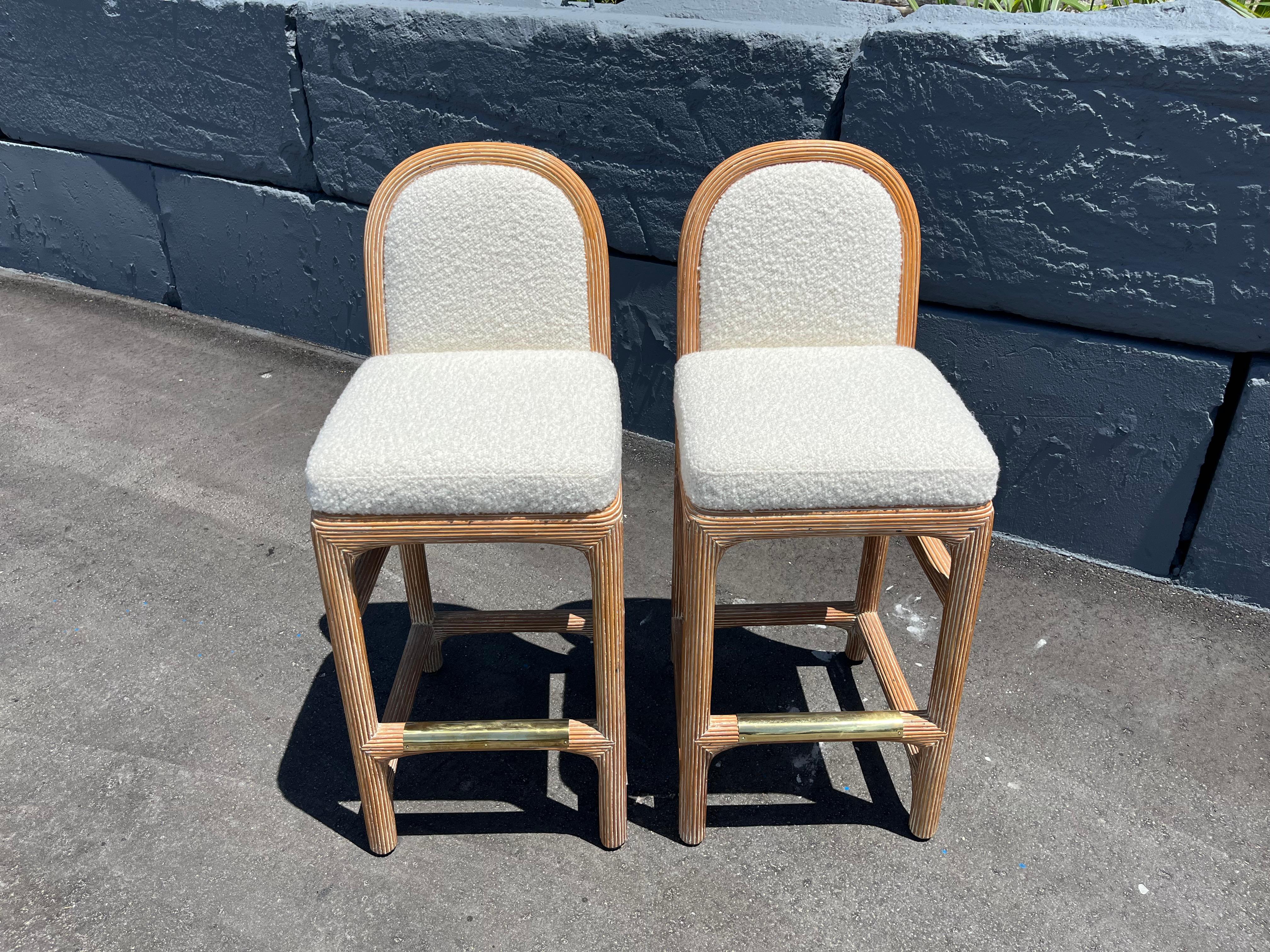 Pair of Wicker Pencil Reed Brass Upholstered Bar Stools after Gabriella Crespi For Sale 2