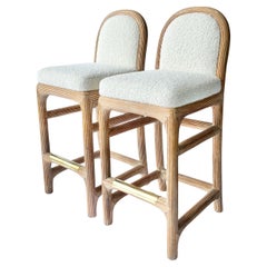 Pair of Wicker Pencil Reed Brass Upholstered Bar Stools after Gabriella Crespi