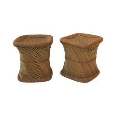 Pair of Wicker Pencil Reed Stools or Benches