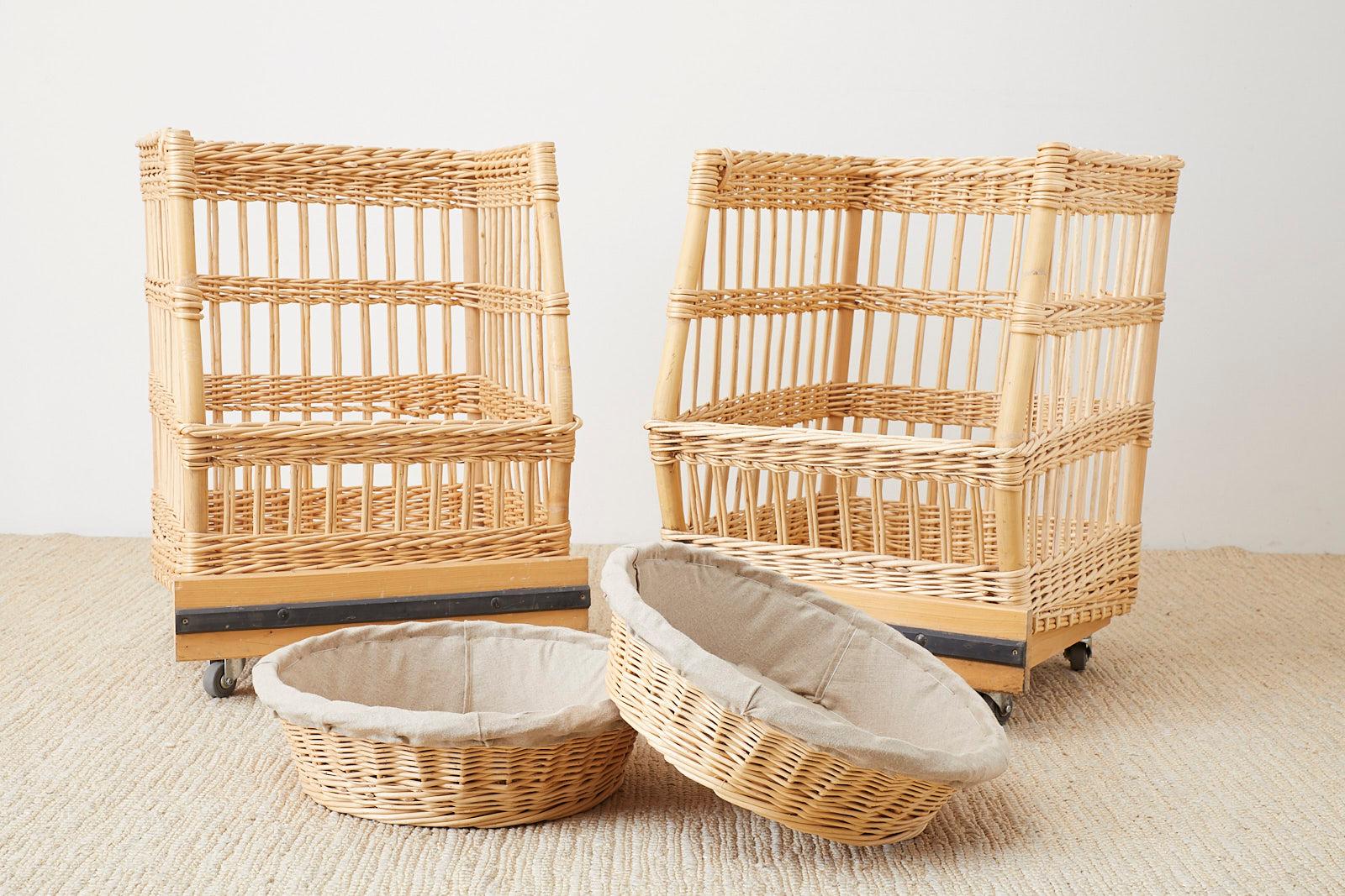 Industrial Pair of Wicker Rattan Boulangerie Bread Display Baskets