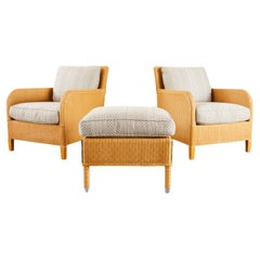 Pair of Wicker Rattan Loom Lounge Chairs with Ottoman