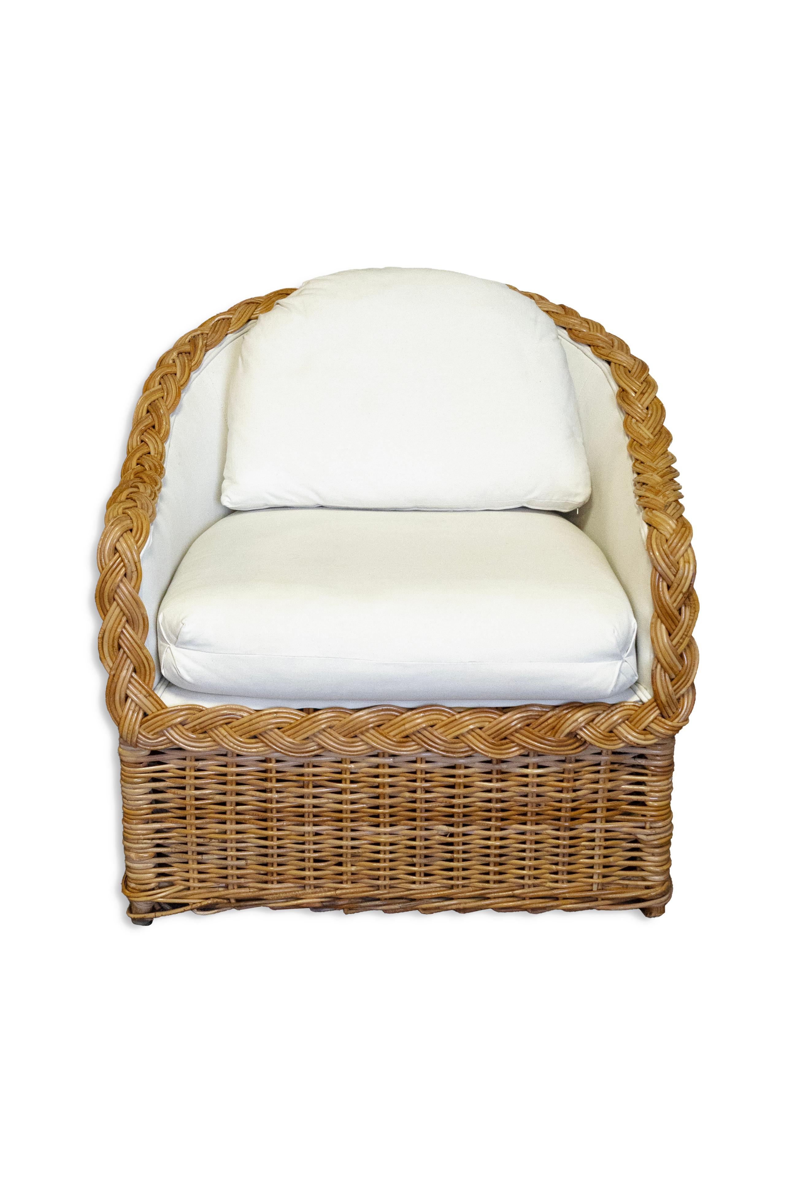 American Pair of Wicker Rattan Lounge Chair and Ottoman From the Kreiss Collection
