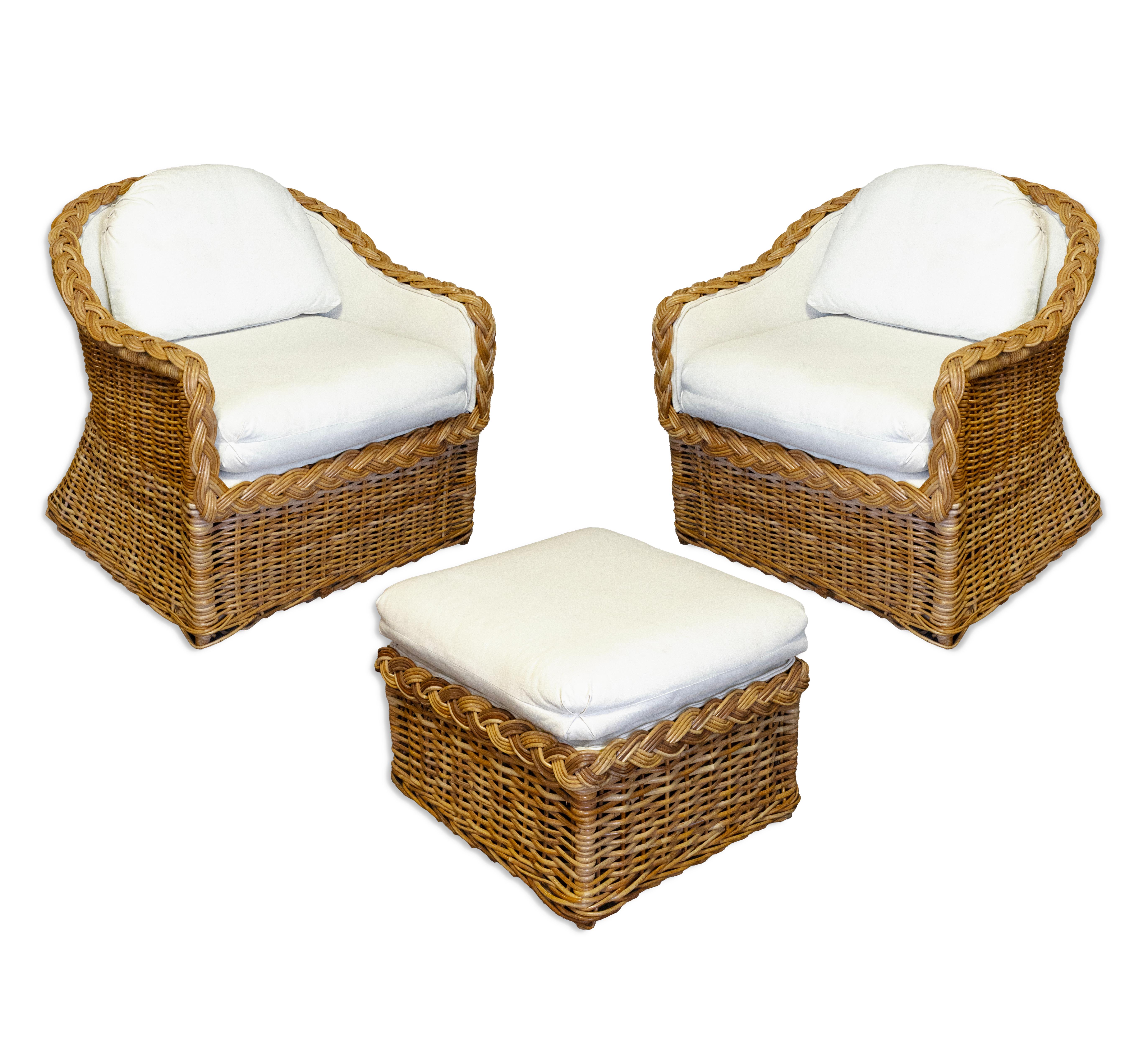 Pair of Wicker Rattan Lounge Chair and Ottoman From the Kreiss Collection In Good Condition In Keego Harbor, MI
