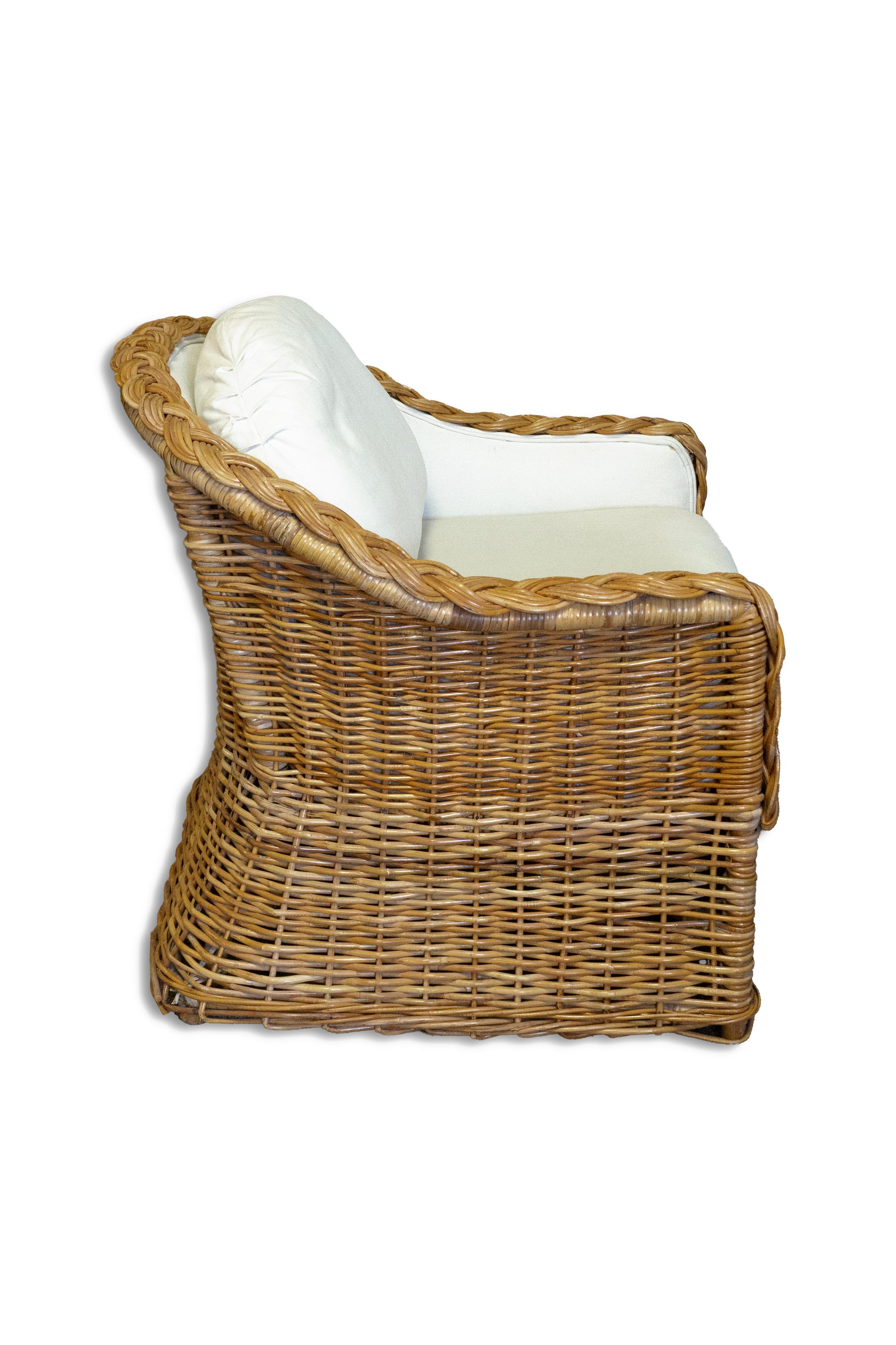Late 20th Century Pair of Wicker Rattan Lounge Chair and Ottoman From the Kreiss Collection