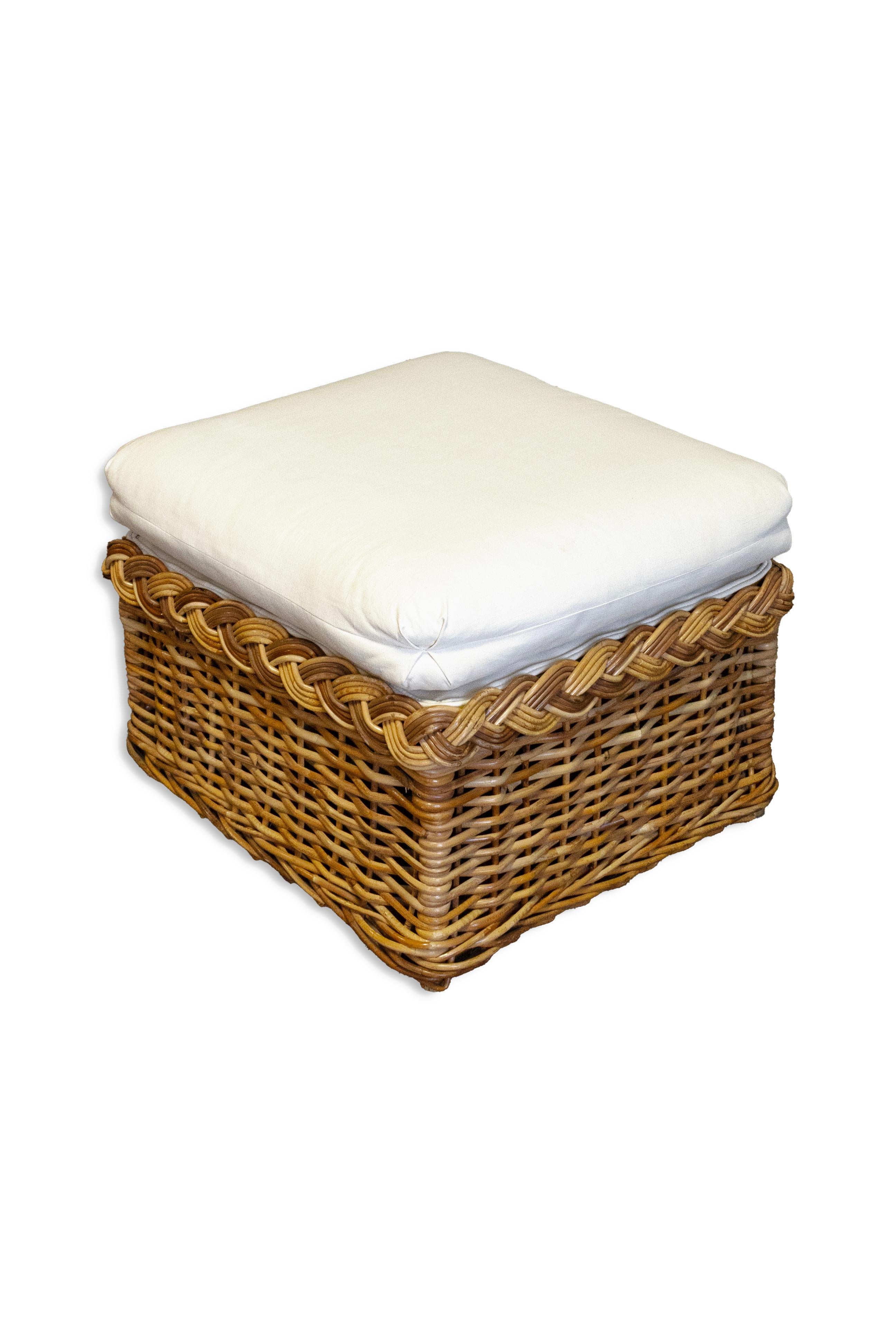 Fabric Pair of Wicker Rattan Lounge Chair and Ottoman From the Kreiss Collection