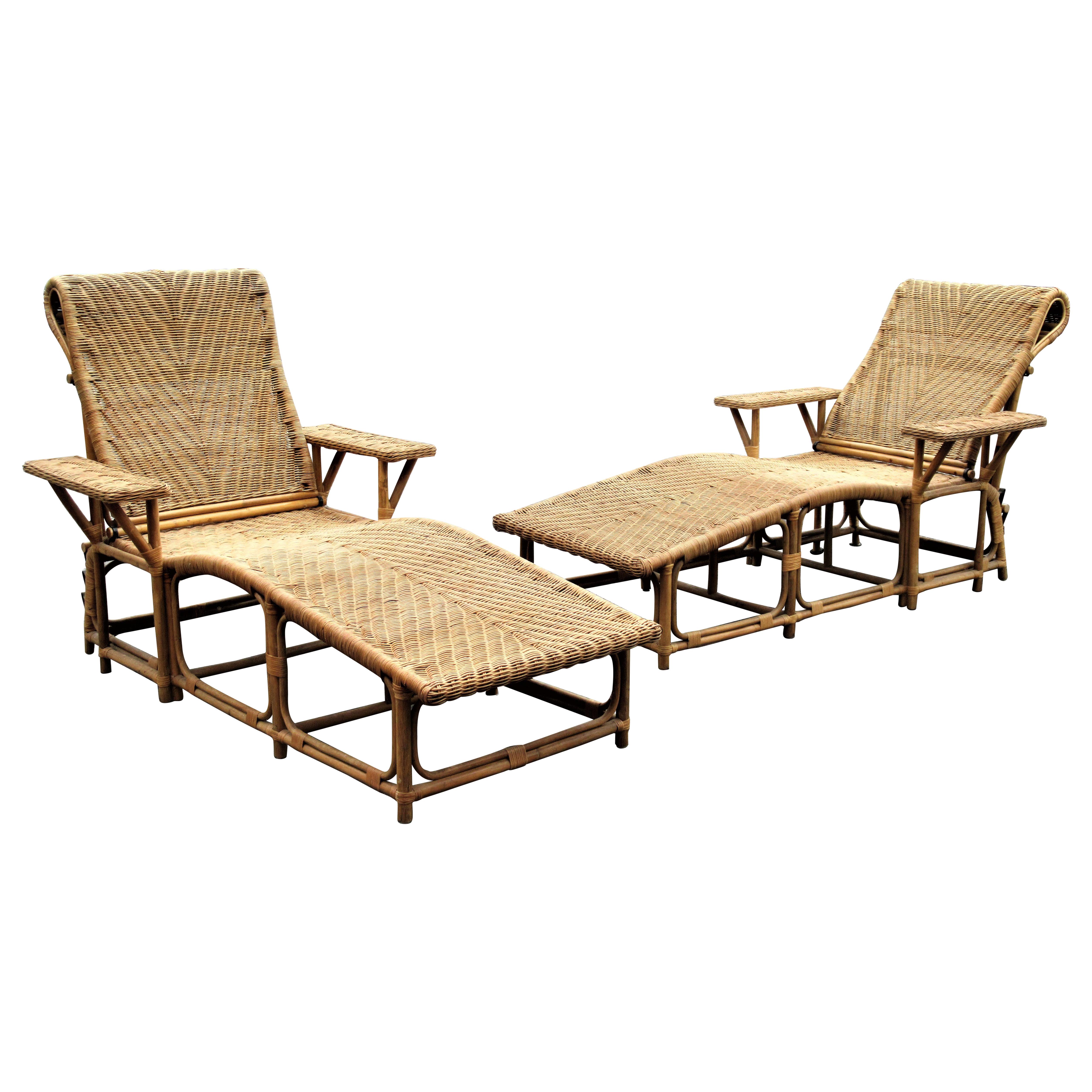 Pair of Wicker Rattan Paddle Arm Reclining Chaise Lounges at 1stDibs