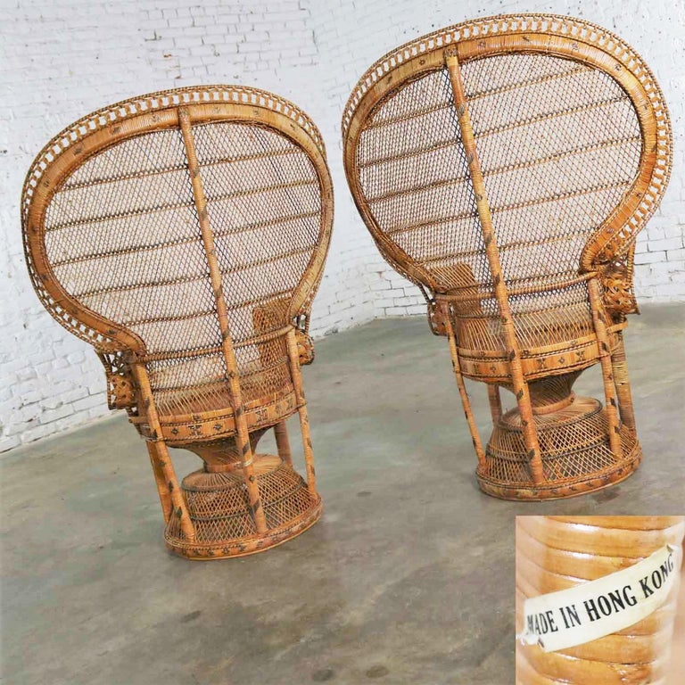 Pair of Wicker Rattan Peacock Fan Back Chairs Vintage Bohemian