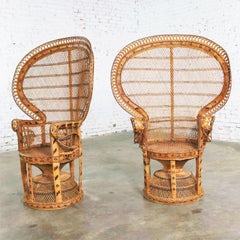 Pair of Wicker Rattan Peacock Fan Back Chairs Vintage Bohemian Hollywood Regency