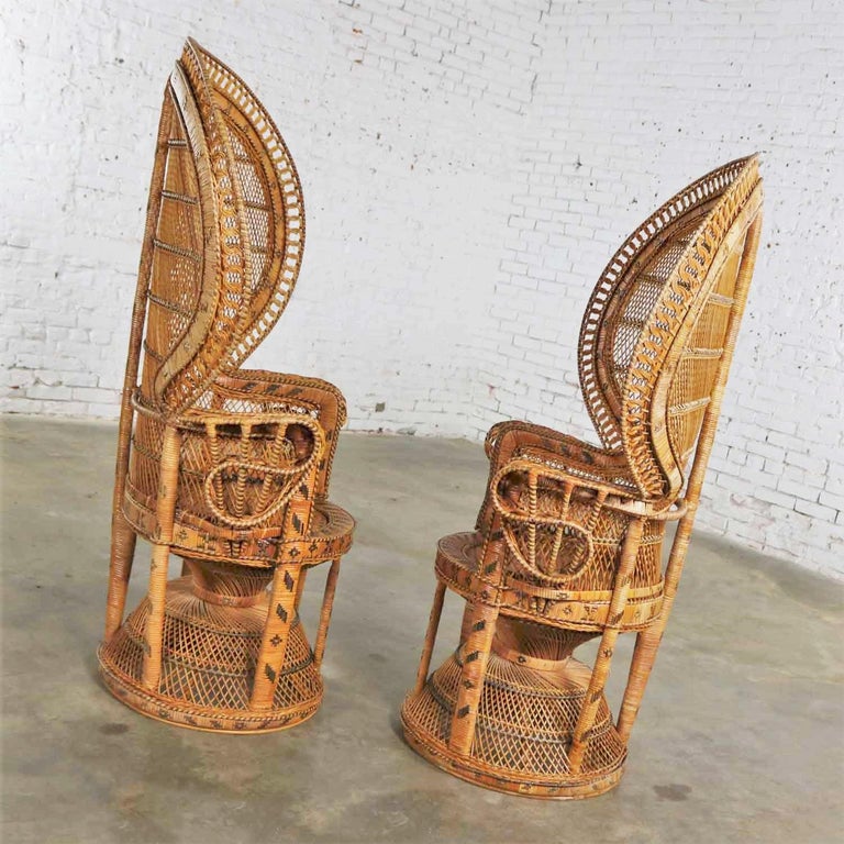 Pair of Wicker Rattan Peacock Fan Back Chairs Vintage Bohemian