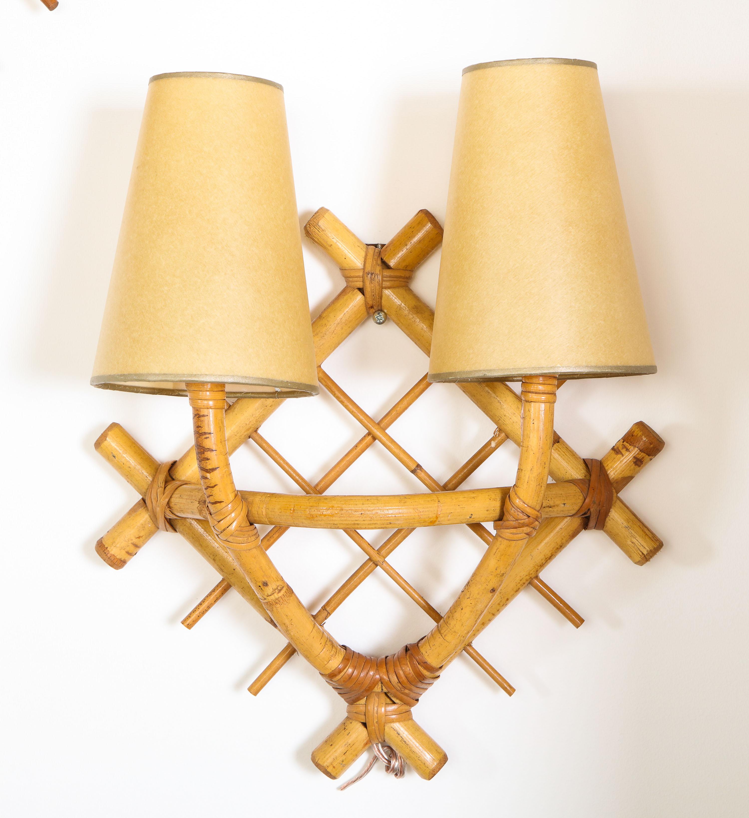 French Pair of Wicker Sconces For Sale