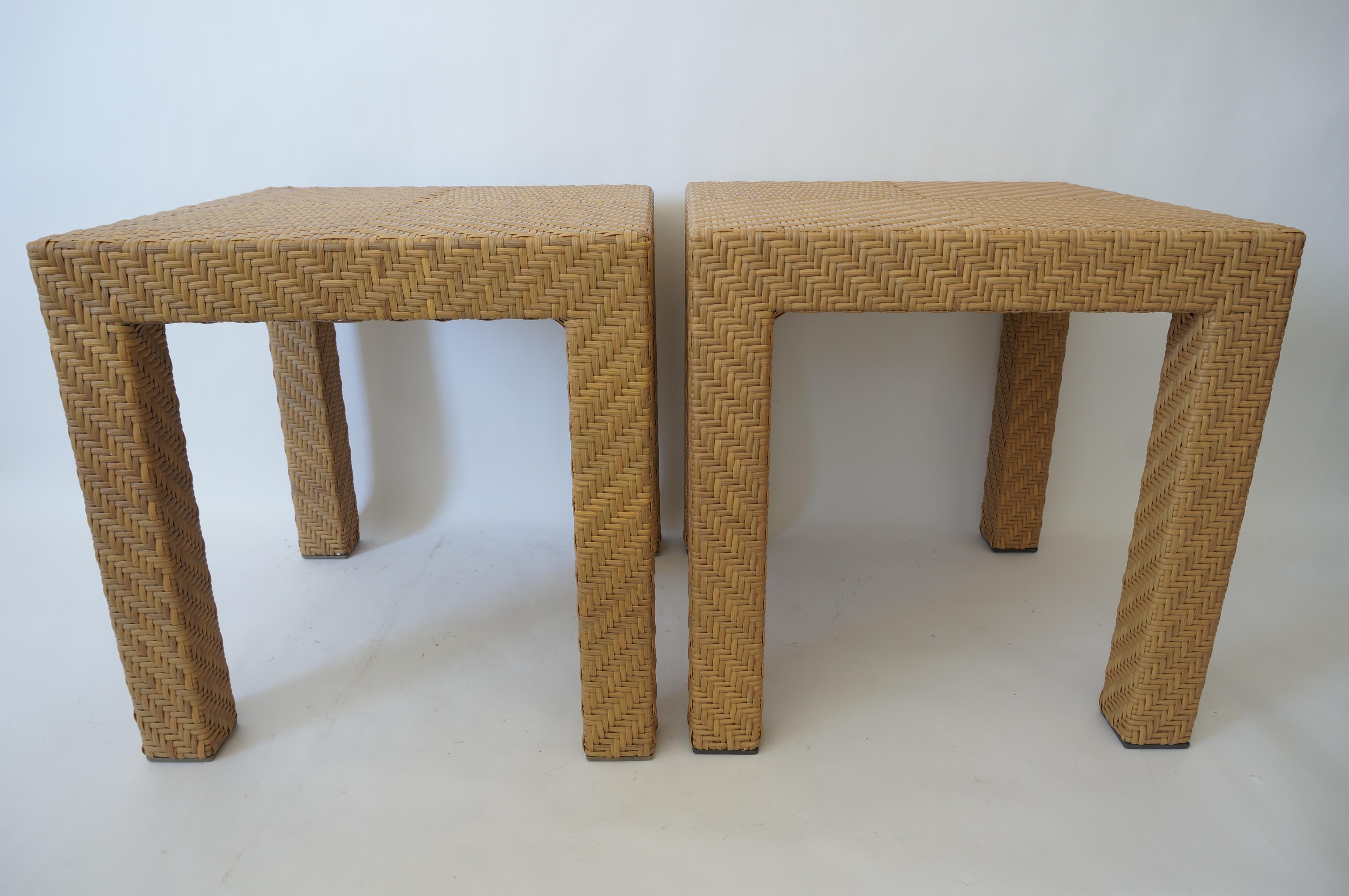 This stylish and chic pair of (synthetic) wicker, parsons style side tables were designed by Oscar De La Renta, and they will make the perfect tables for your cottage, bungalow or seaside retreat.