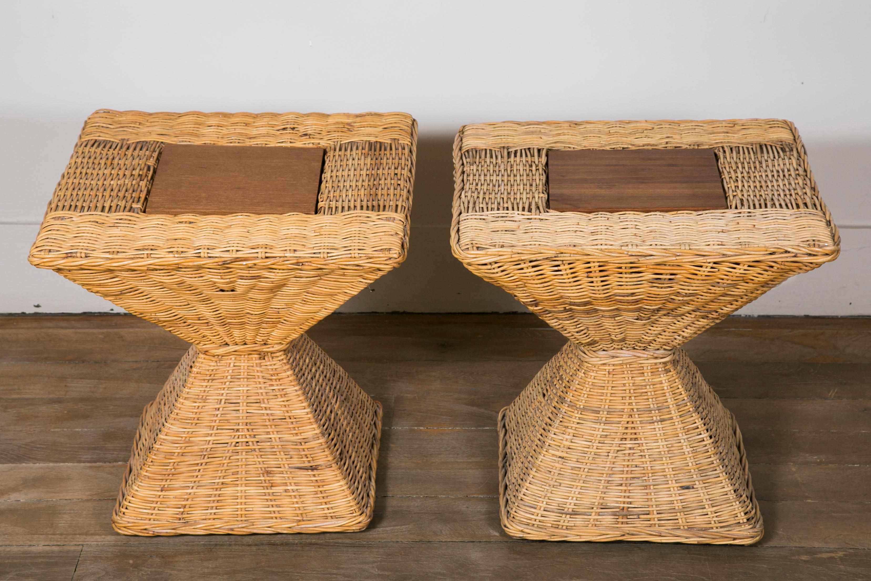 Mid-Century Modern Pair of Wicker Side Tables