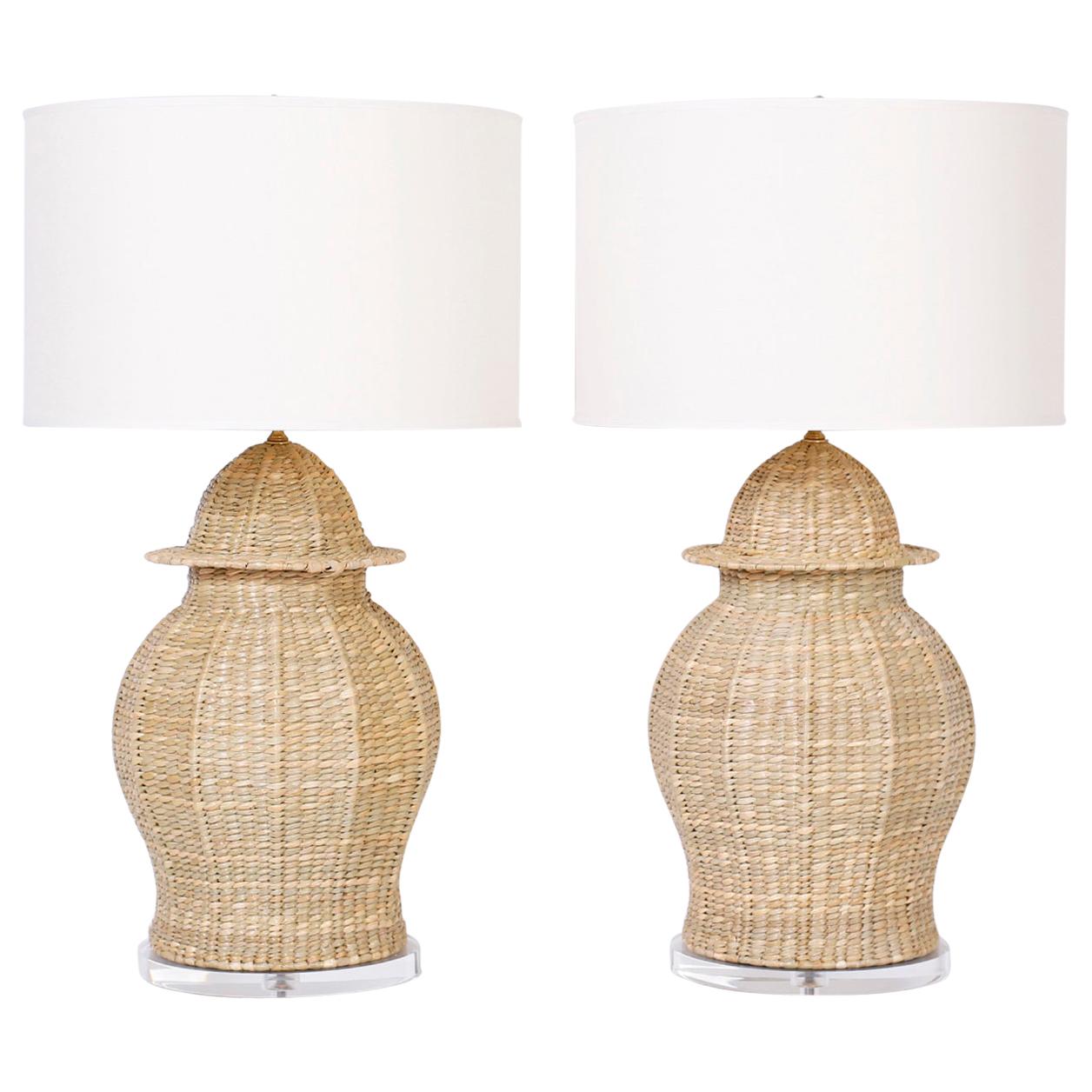 Pair of Wicker Table Lamps with a Chinese Ginger Jar Form