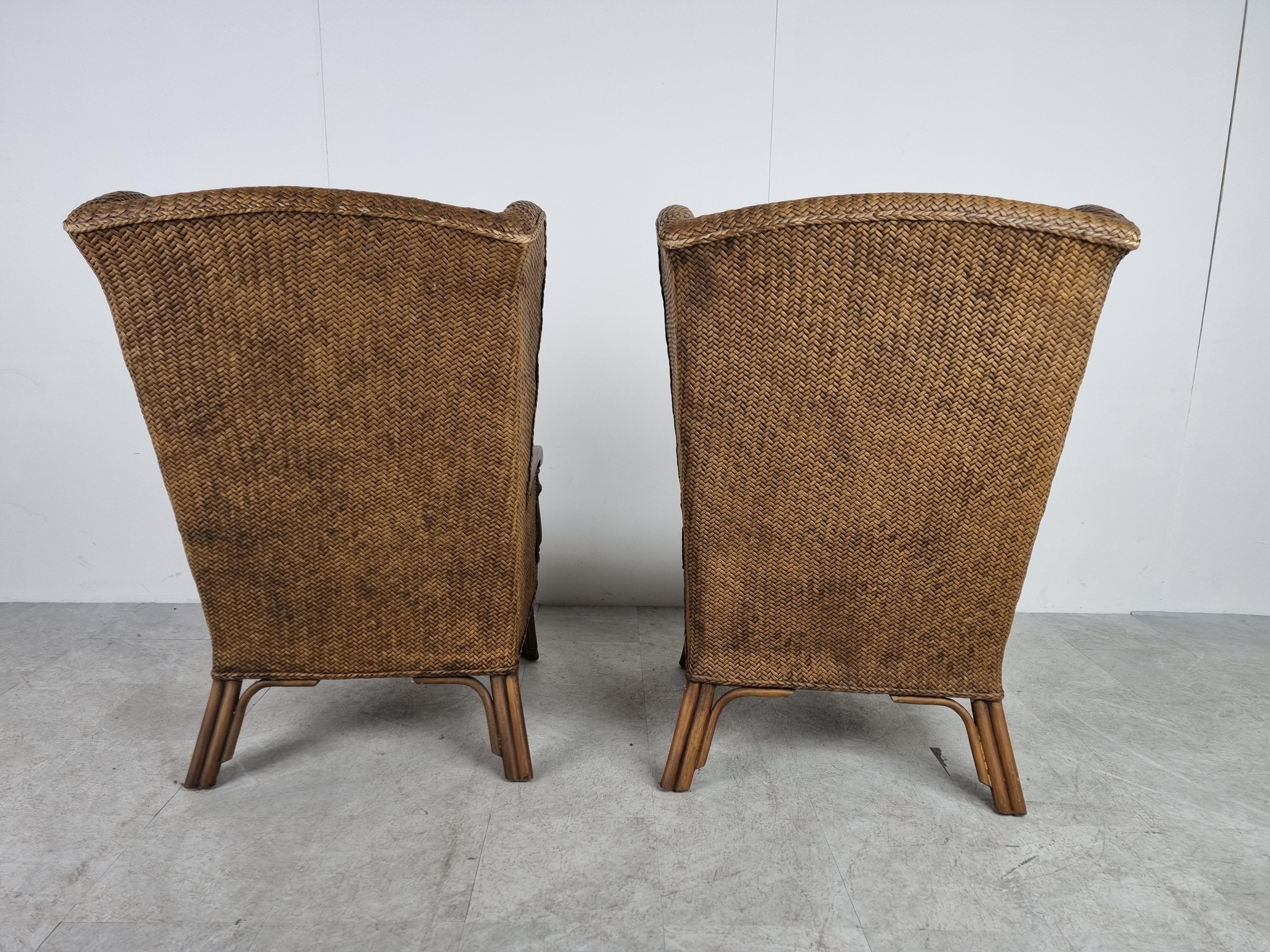 Bohemian Pair of Wicker Wingback Armchairs, 1950s