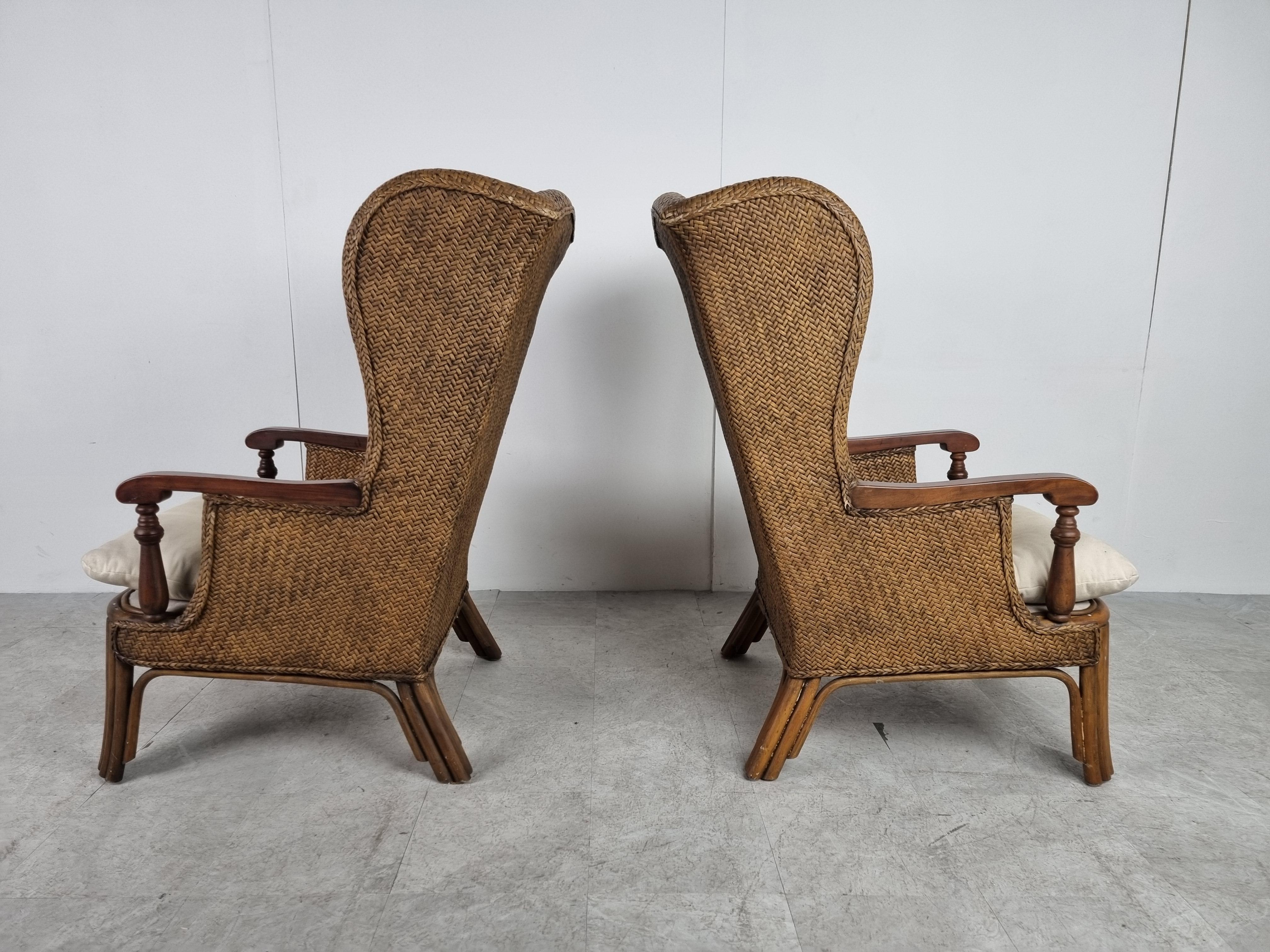 French Pair of Wicker Wingback Armchairs, 1950s