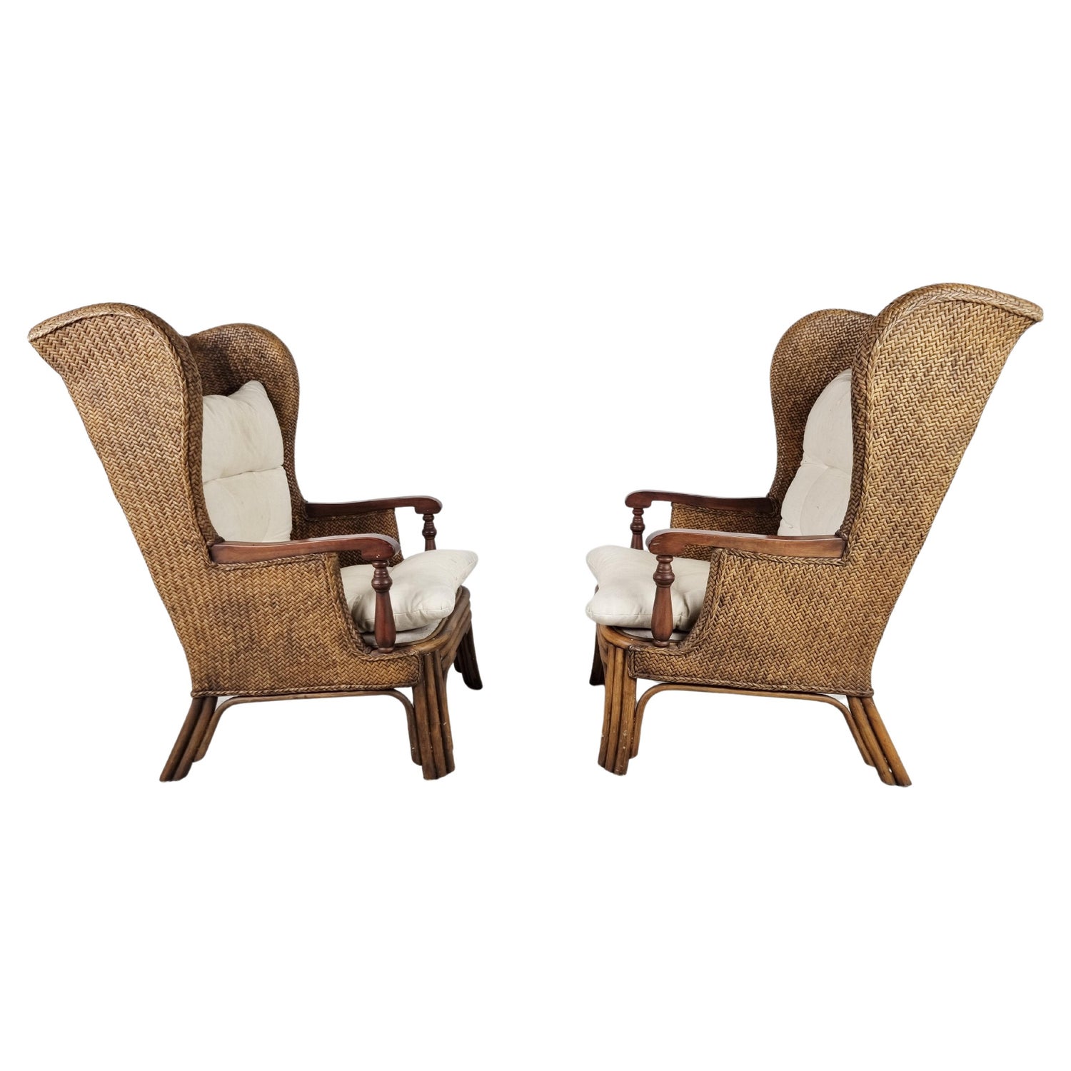 Pair of Wicker Wingback Armchairs, 1950s at 1stDibs