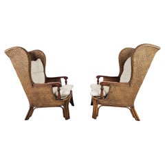 Pair of Wicker Wingback Armchairs, 1950s