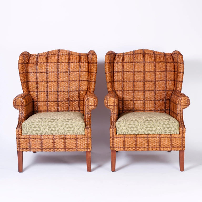 Pair of Wicker Wingback Chairs at 1stDibs
