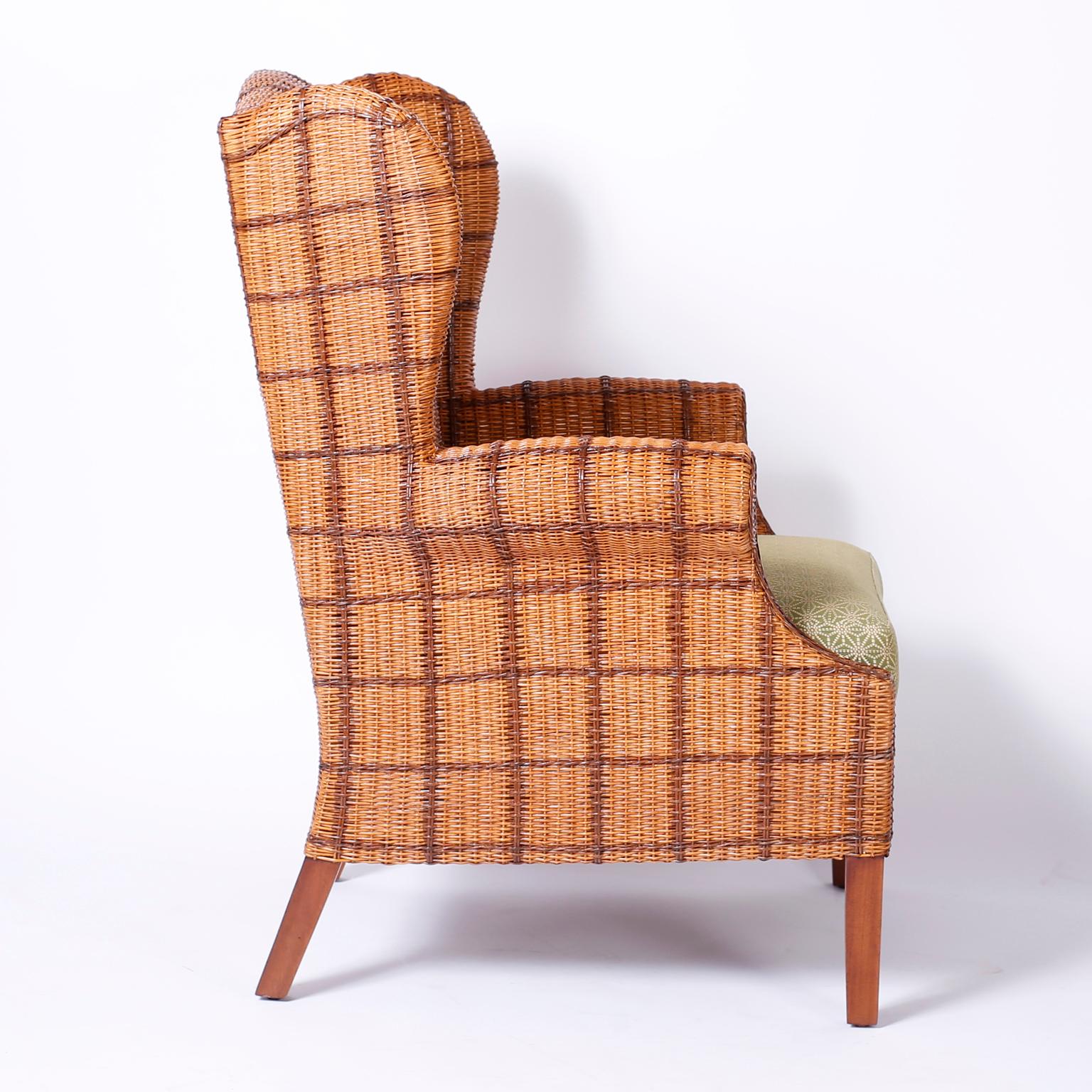 20th Century Pair of Wicker Wingback Chairs