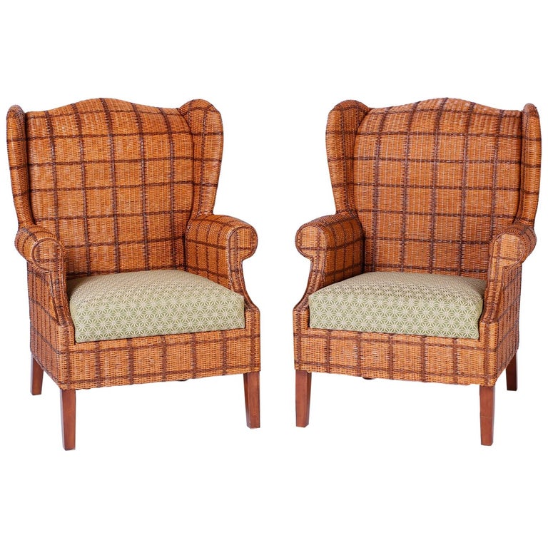 Pair of Wicker Wingback Chairs at 1stDibs