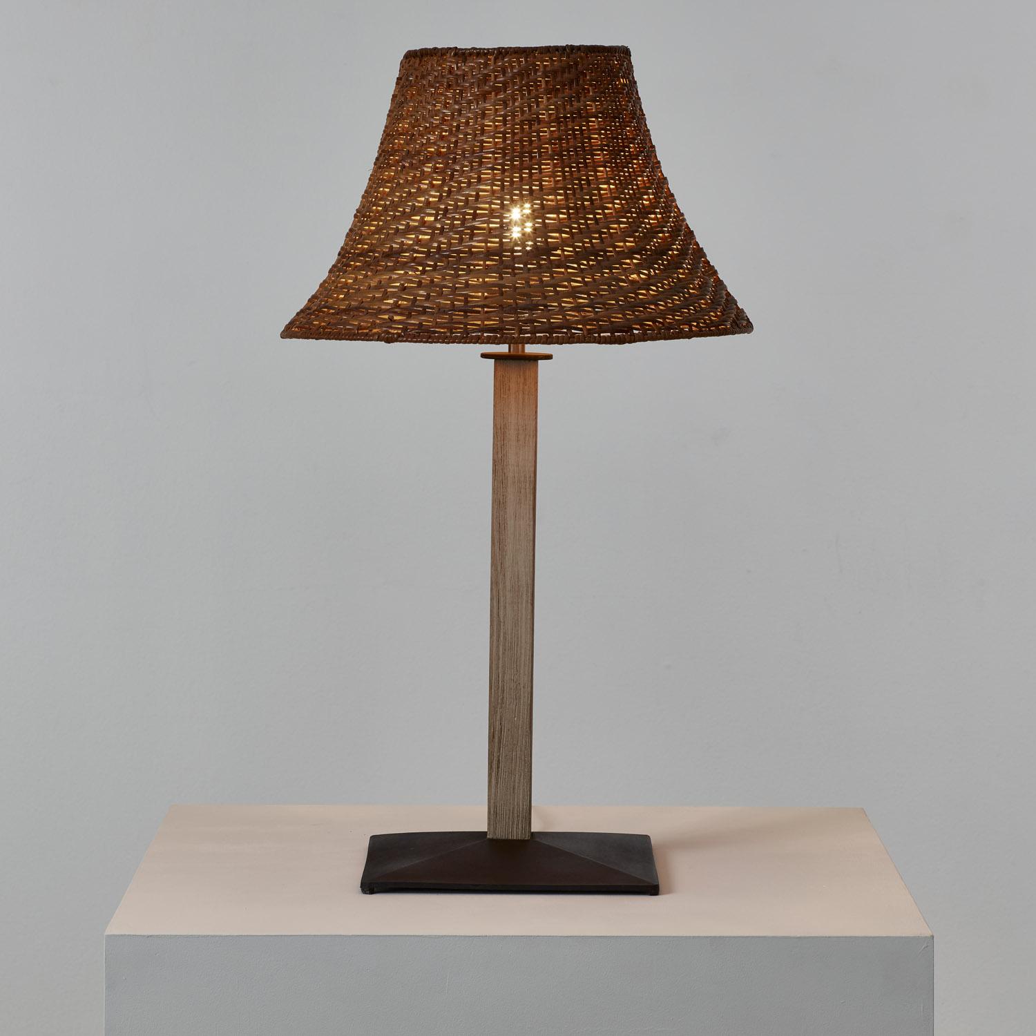 Fin du 20e siècle Pair of wicker, wood and metal table lamps - Italy, 1980s en vente