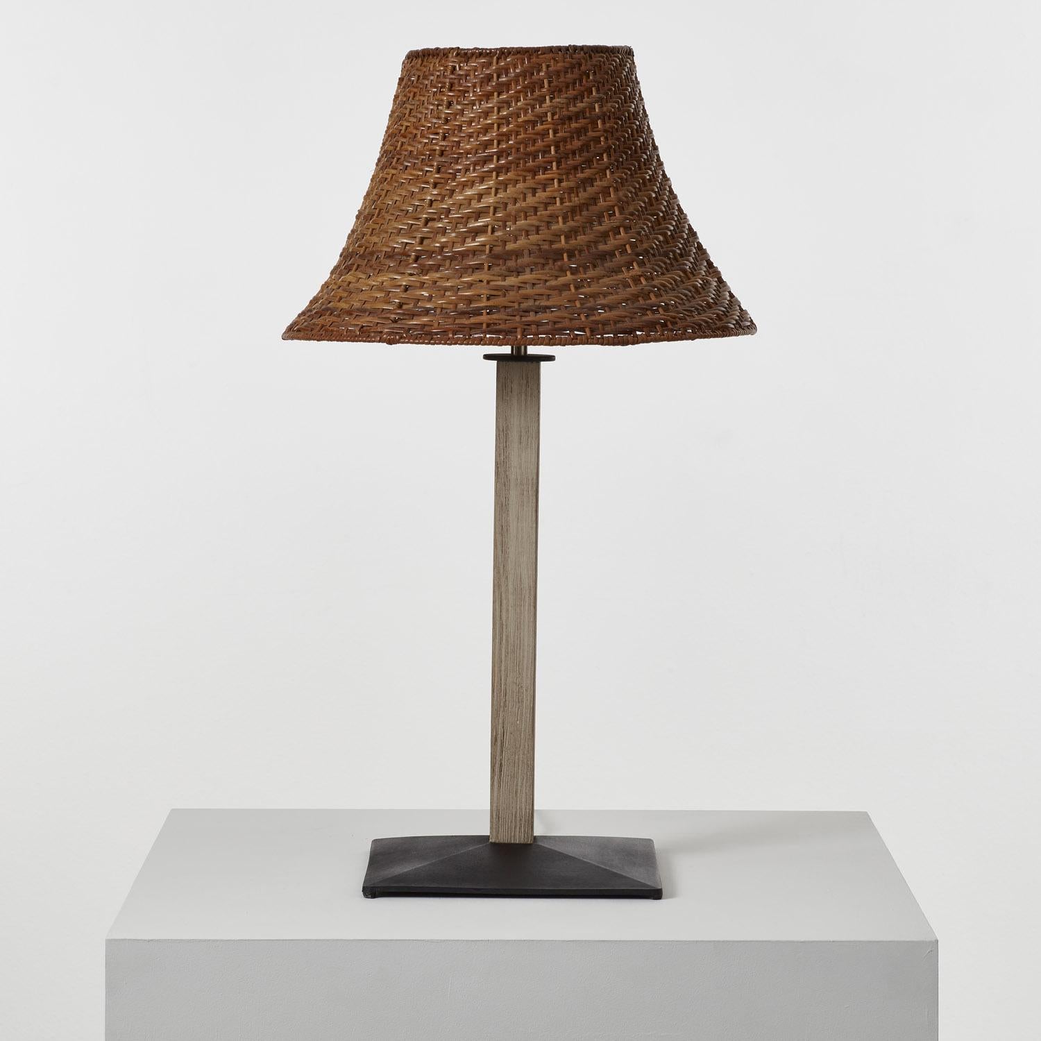 Métal Pair of wicker, wood and metal table lamps - Italy, 1980s en vente