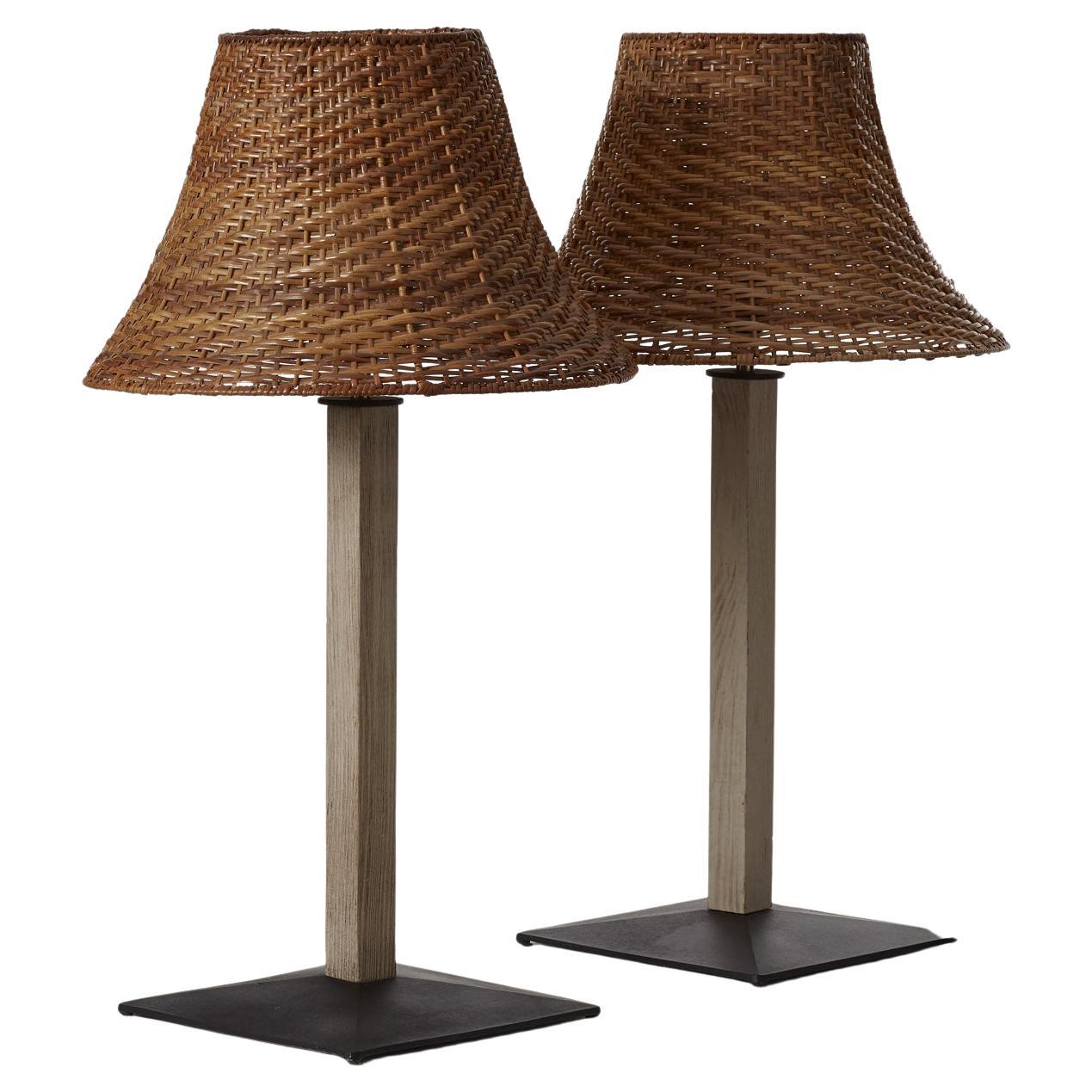 Pair of wicker, wood and metal table lamps - Italy, 1980s