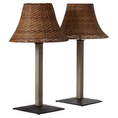 Pair of wicker, wood and metal table lamps - Italy, 1980s