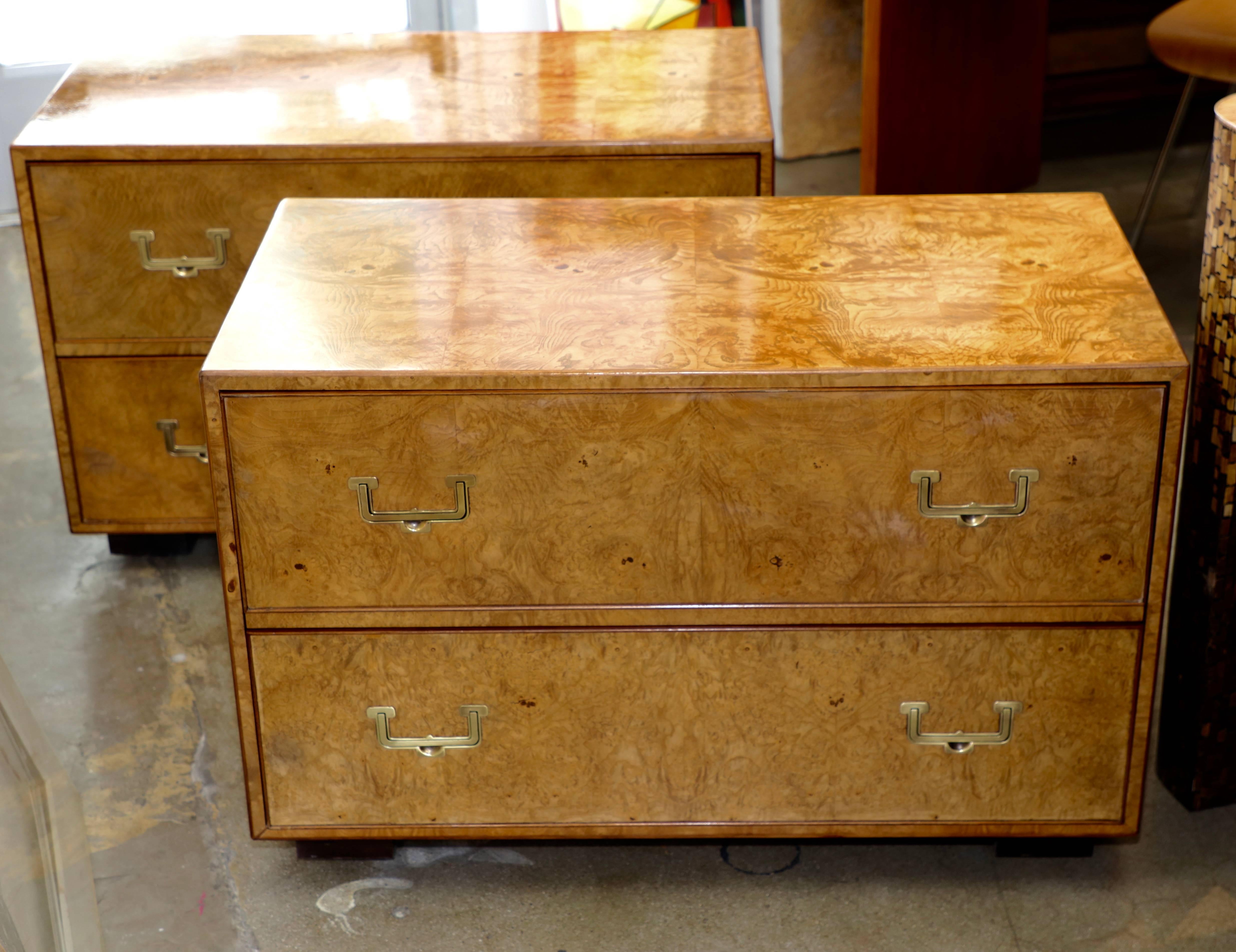 20th Century Pair of Widdicomb Campaign Styles Nightstand or End Tables in Burlwood