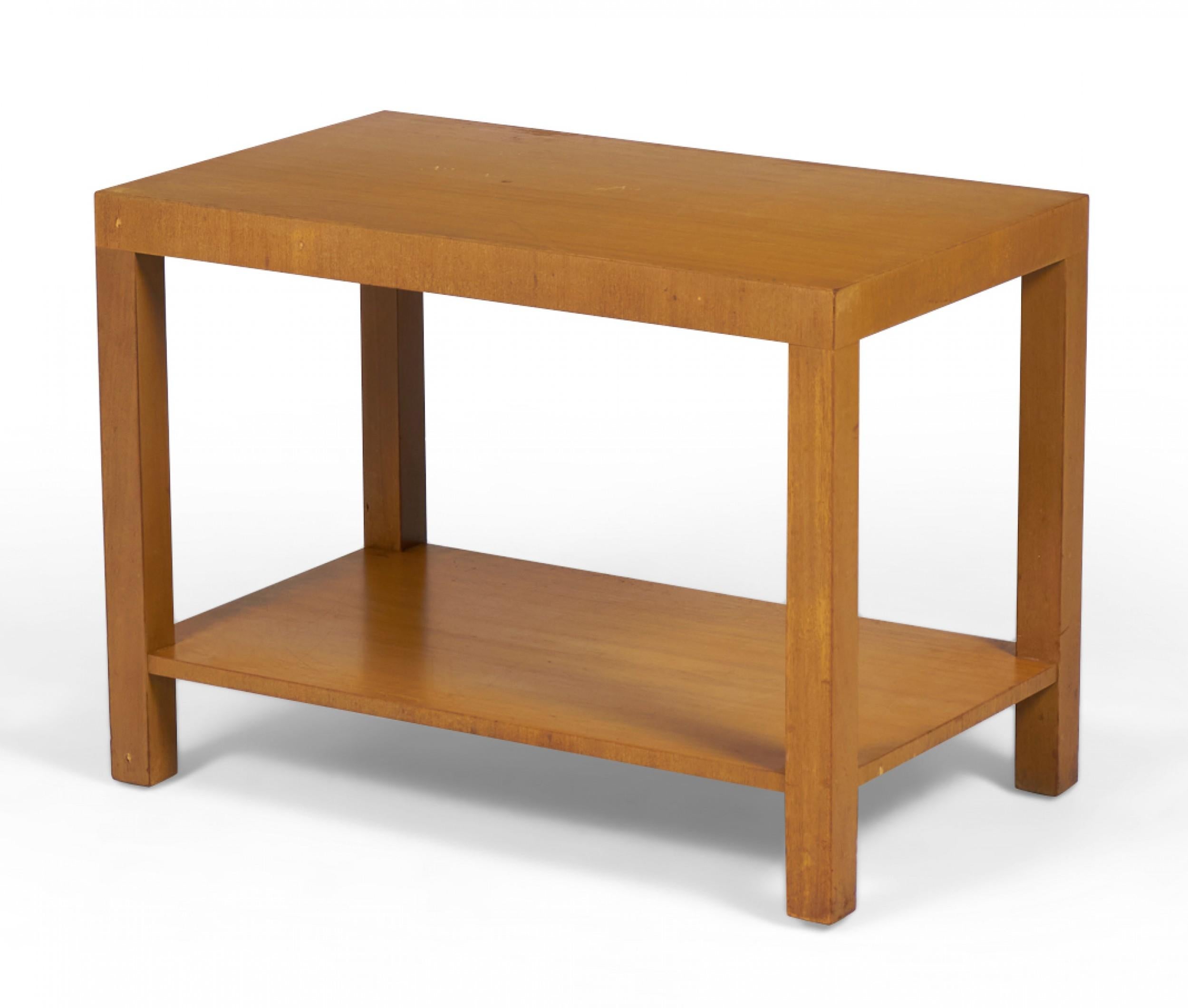 PAIR of American Mid-Century walnut Parsons-style end tables with rectangular forms and a lower stretcher shelf suspended between four square legs. (WIDDICOMB MODERN)(PRICED AS PAIR)
