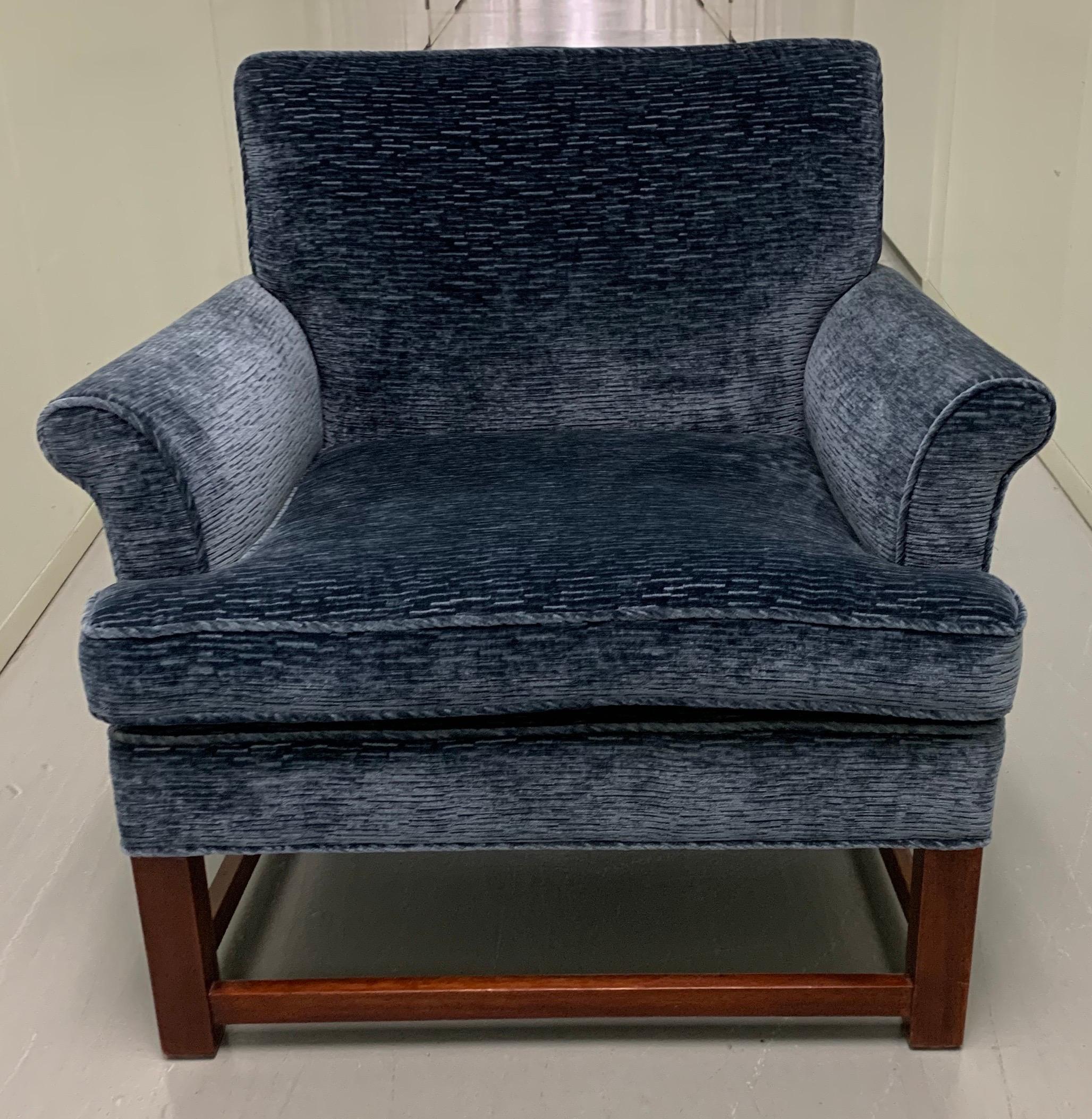 Pair of Widdicomb Parsons style armchairs. Newly upholstered in dark blue Kravet textured chenille with brass nailhead trim. New down wrapped foam seat cushions. Wooden bases are newly re-finished. Measures: Seat 17” tall x arm 23.5” tall.