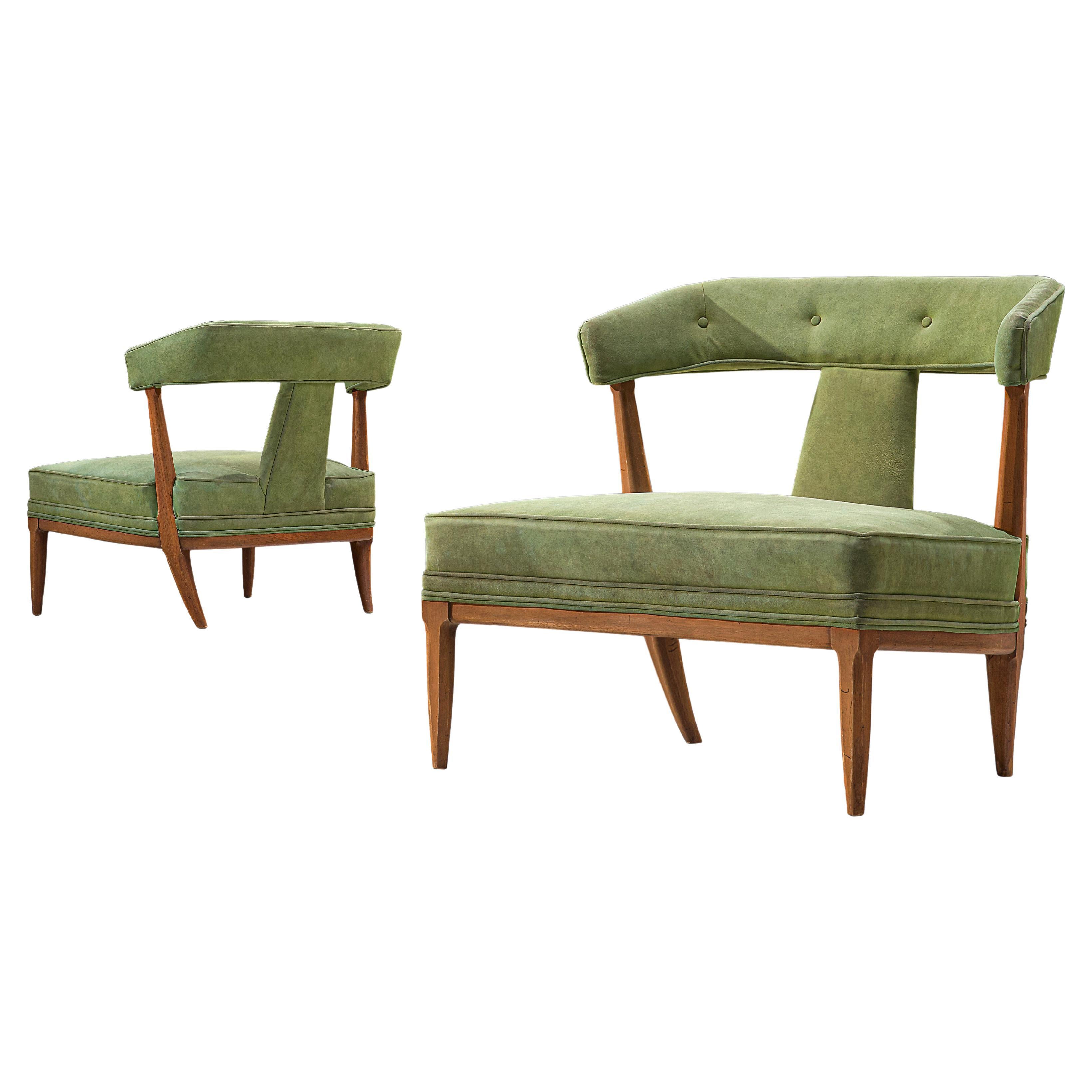 Pair of Wide American Lounge Chairs in Beech and Green Upholstery
